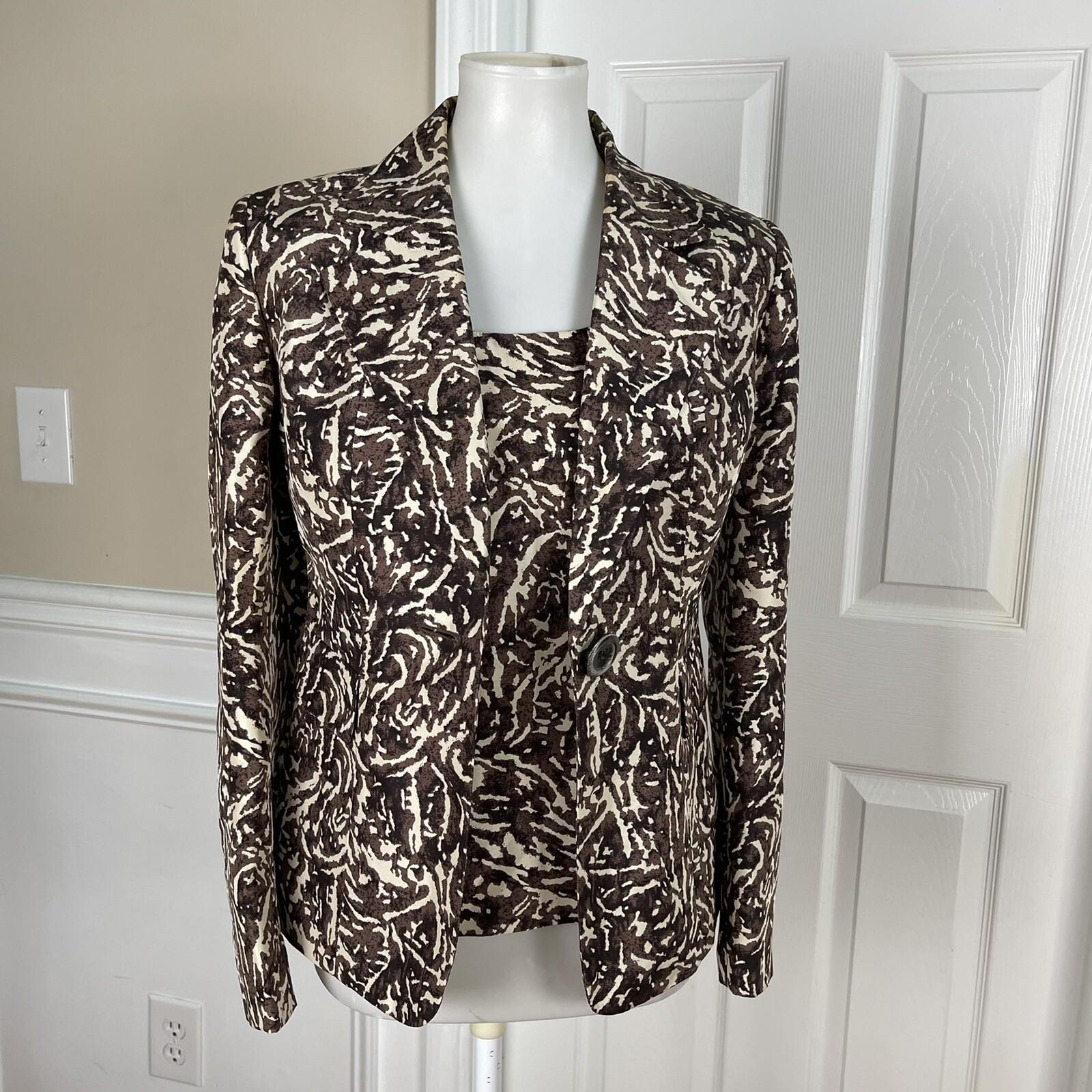 KASPER 2PC Brown Beige Abstract Silk Lined Notch Collar Blazer & Top Size 6