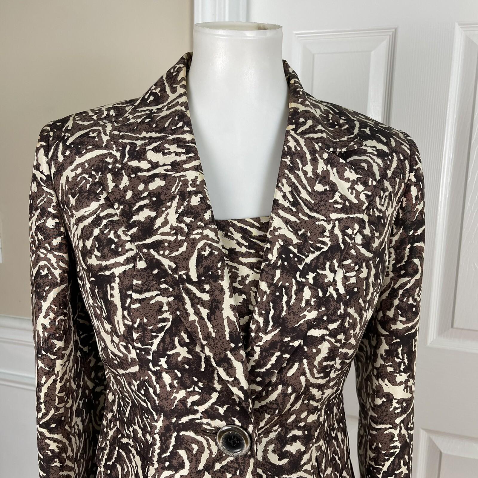 KASPER 2PC Brown Beige Abstract Silk Lined Notch Collar Blazer & Top Size 6