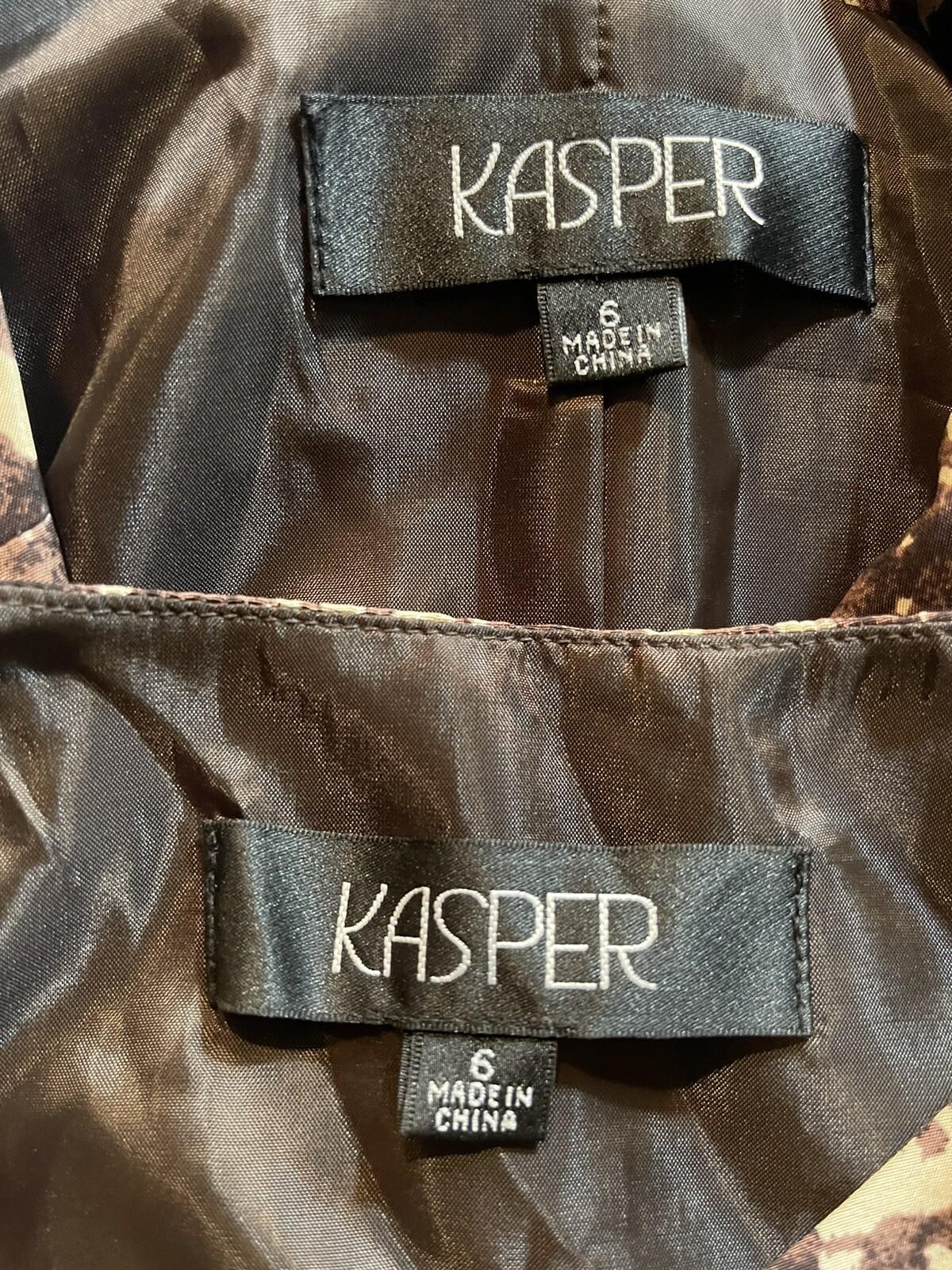 KASPER 2PC Brown Beige Abstract Silk Lined Notch Collar Blazer & Top Size 6