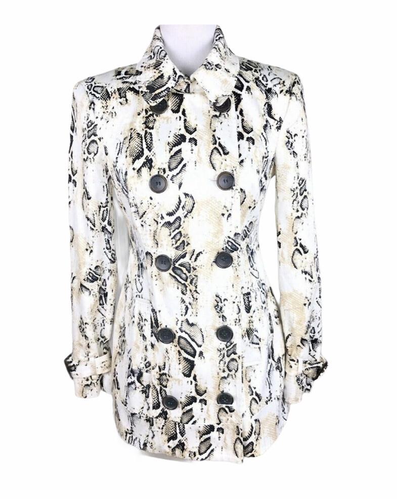 BEBE Double Breasted Animal Print Beige Black Cotton Lined Trench Coat Size S