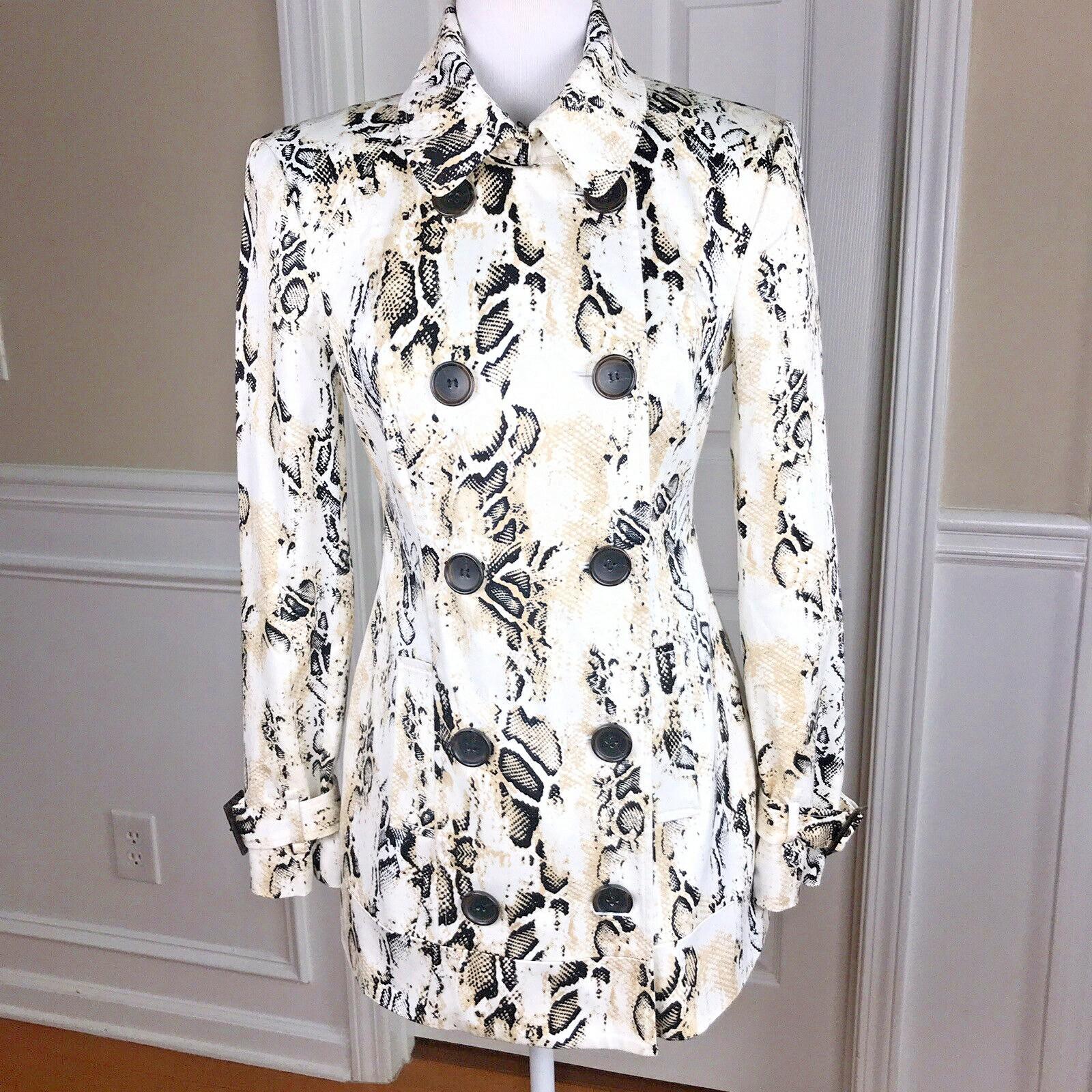 BEBE Double Breasted Animal Print Beige Black Cotton Lined Trench Coat Size S