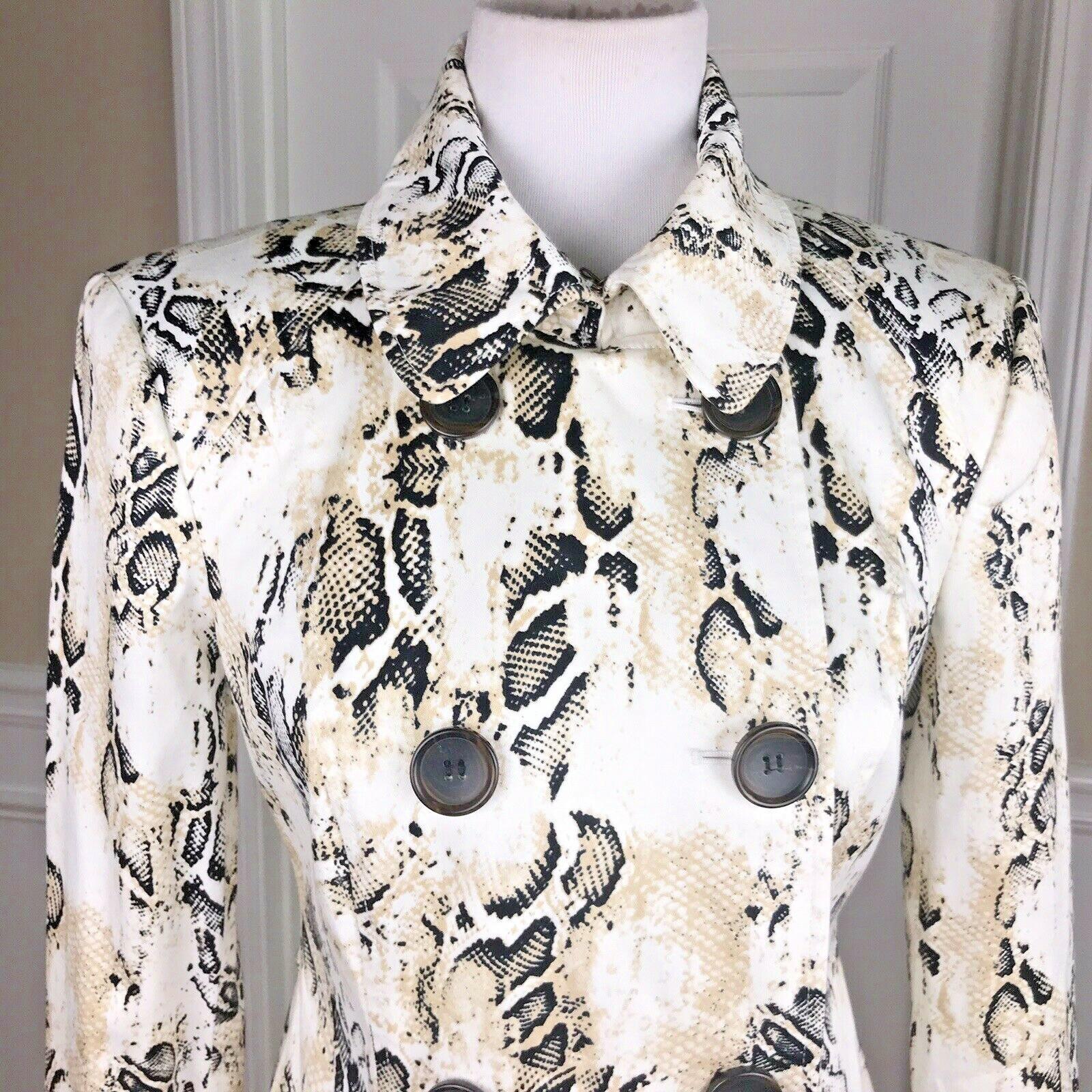 BEBE Double Breasted Animal Print Beige Black Cotton Lined Trench Coat Size S