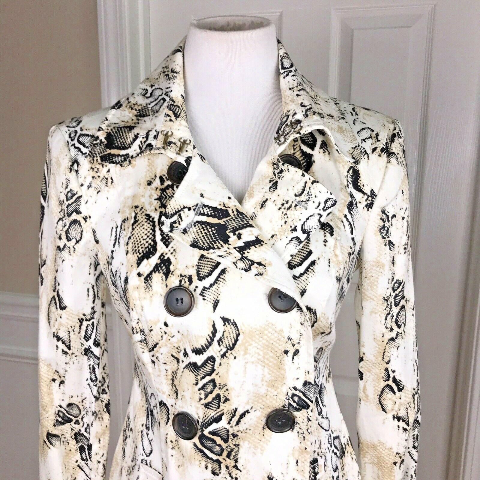 BEBE Double Breasted Animal Print Beige Black Cotton Lined Trench Coat Size S