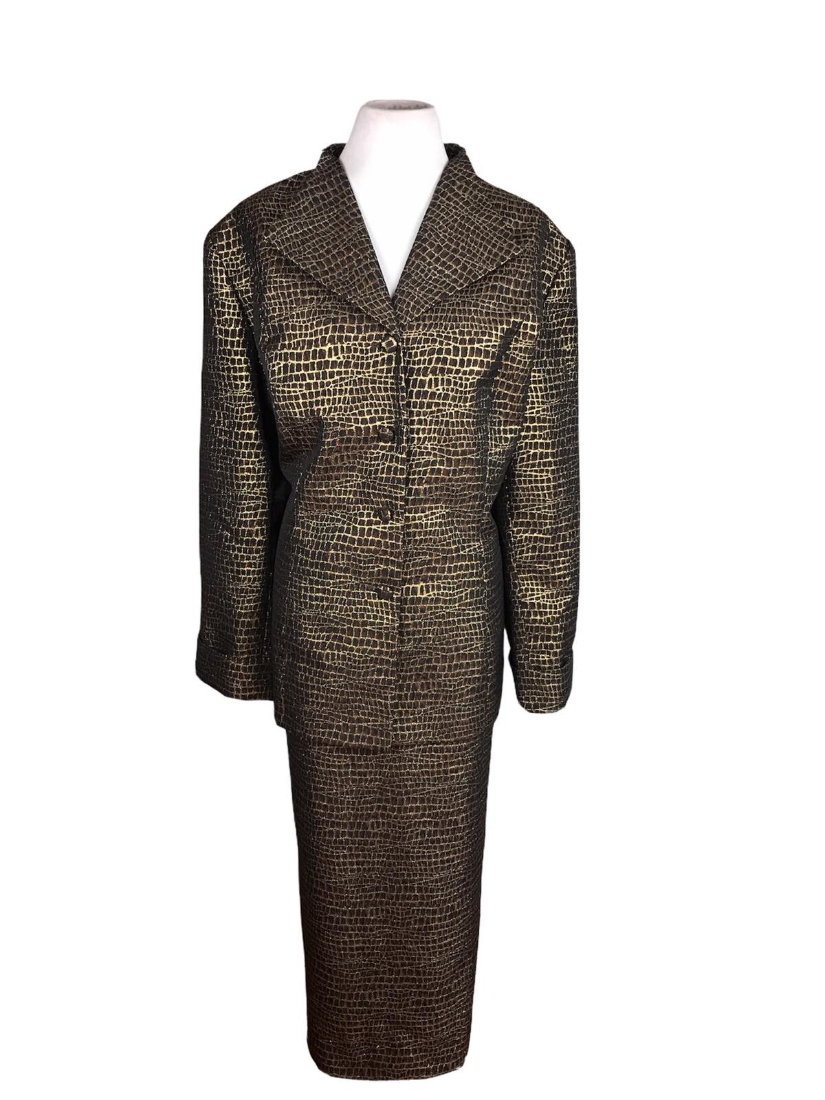 Terramina Polyester Skirt Suit Size 24 Brown Gold Metallic Women 2 Piece