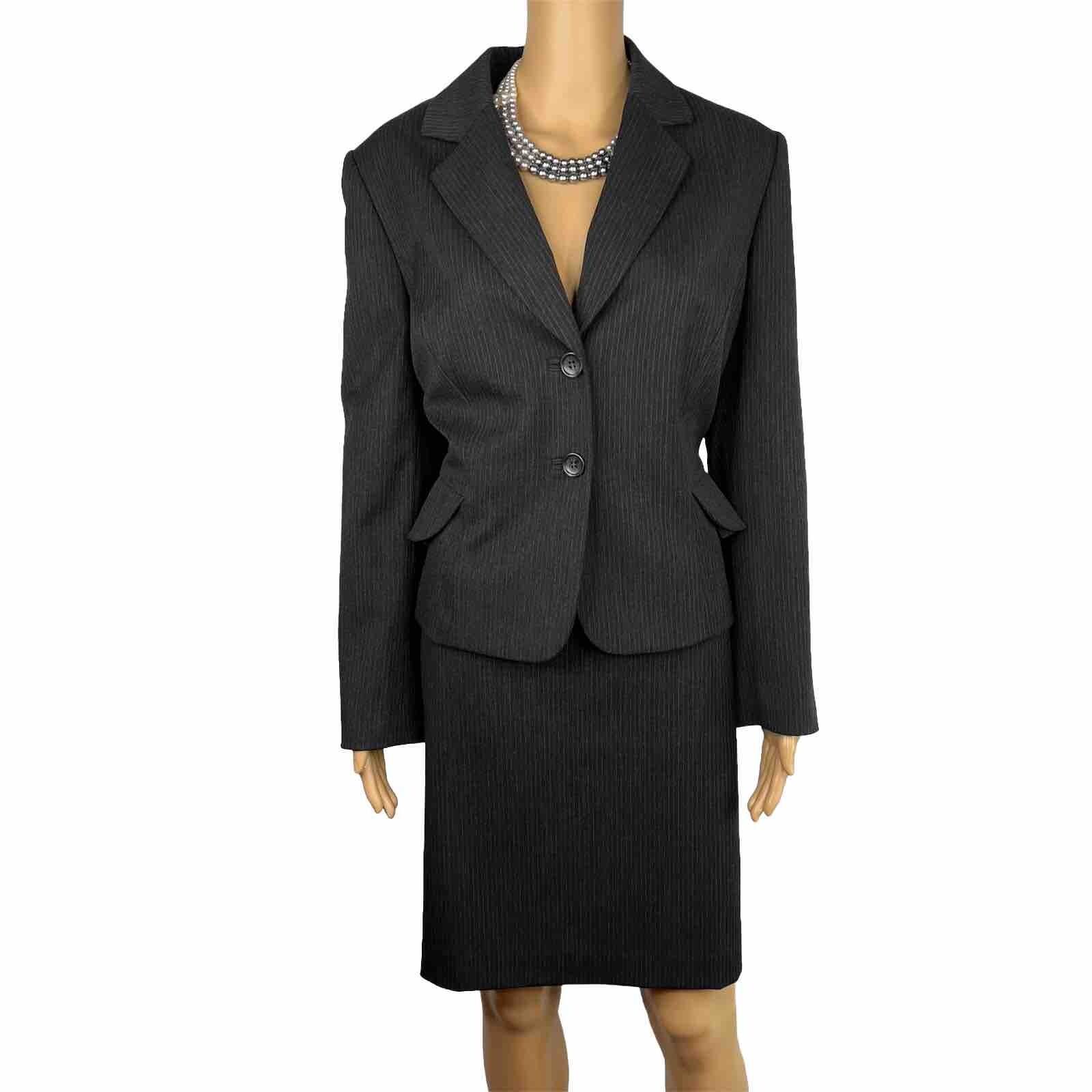 Tahari ASL Polyester Viscose Spandex Skirt Suit Size 14P Black Striped Lined 2PC