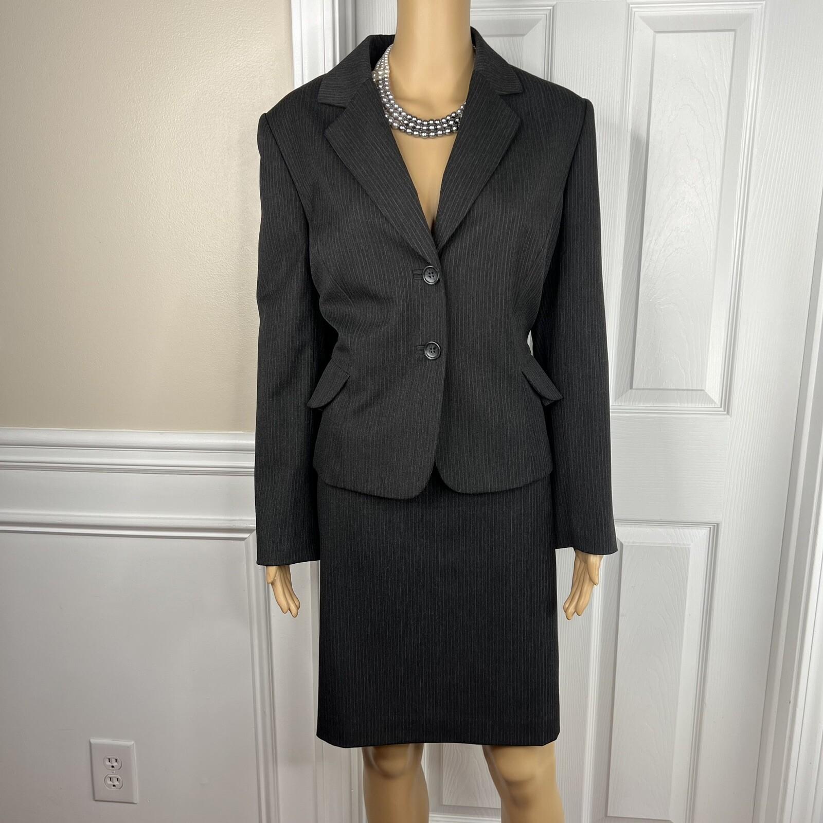 Tahari ASL Polyester Viscose Spandex Skirt Suit Size 14P Black Striped Lined 2PC