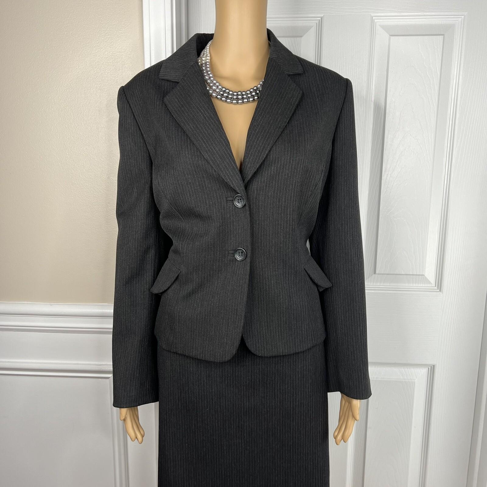 Tahari ASL Polyester Viscose Spandex Skirt Suit Size 14P Black Striped Lined 2PC