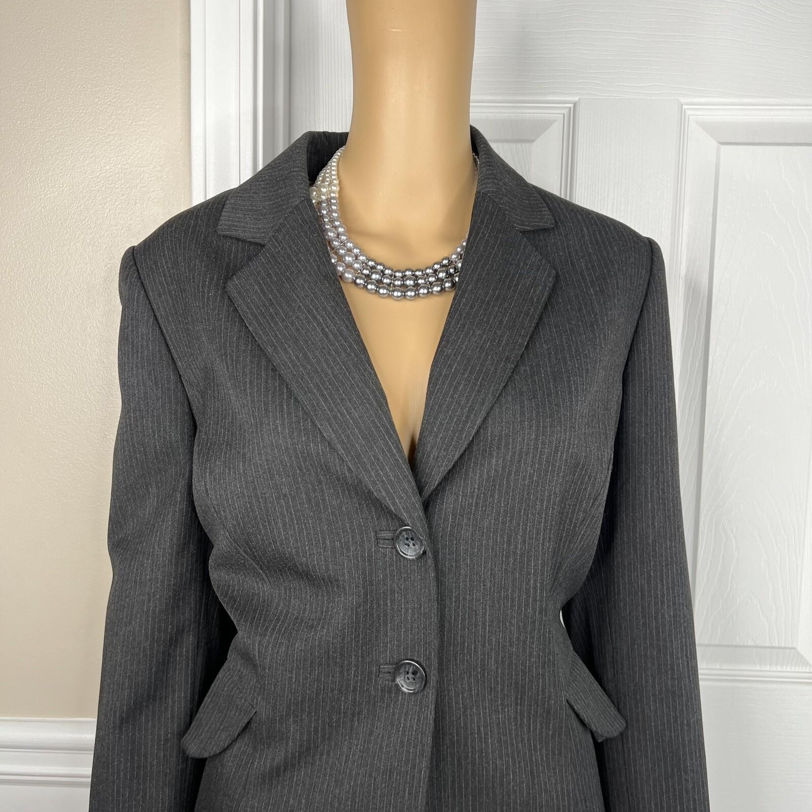 Tahari ASL Polyester Viscose Spandex Skirt Suit Size 14P Black Striped Lined 2PC