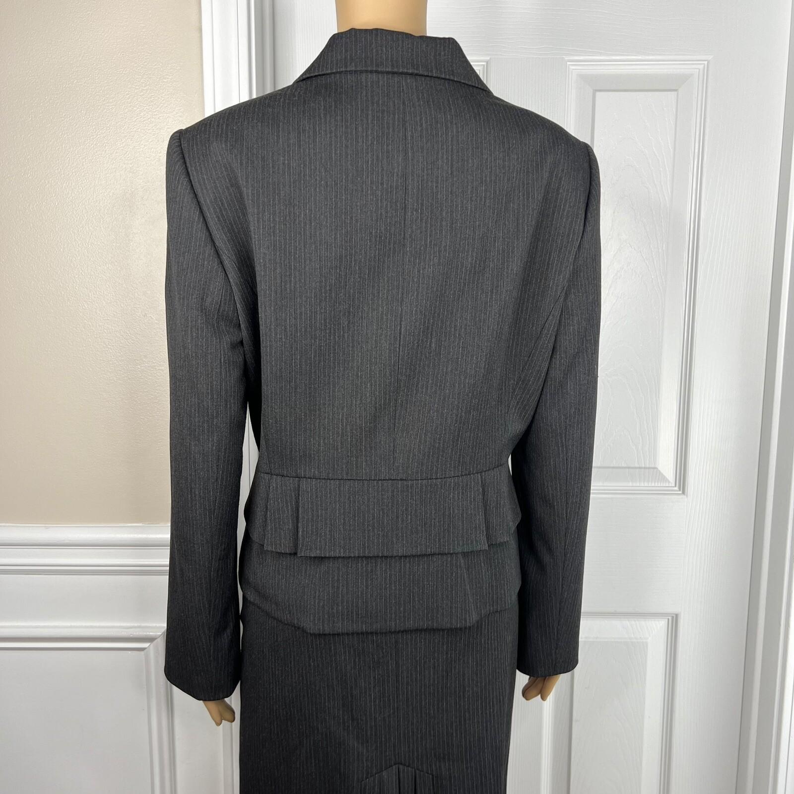 Tahari ASL Polyester Viscose Spandex Skirt Suit Size 14P Black Striped Lined 2PC