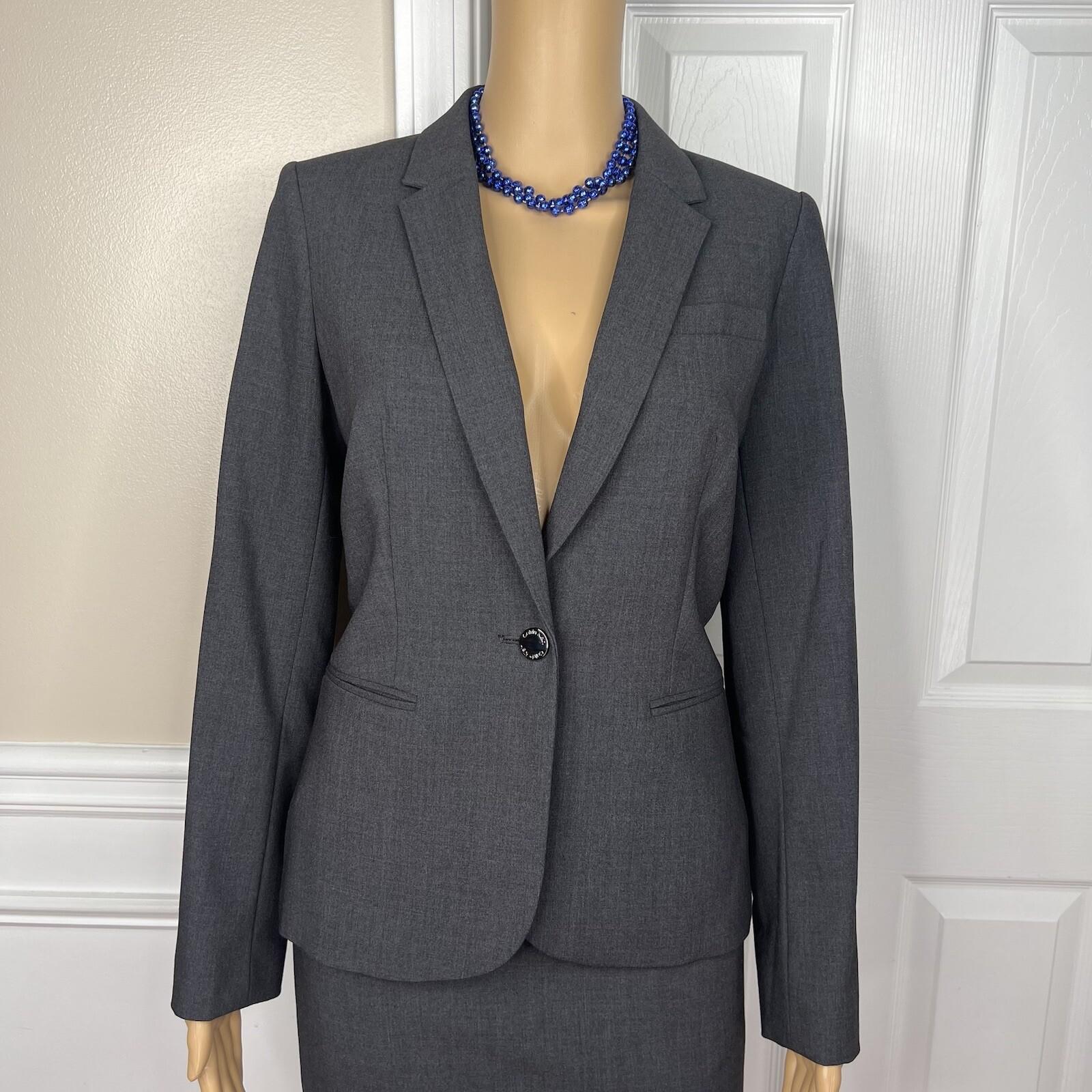 Calvin Klein Polyester Rayon Stretch Skirt 6P Suit 8P Gray Lined 2PC Career