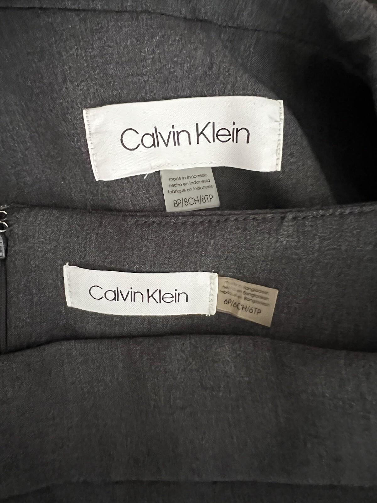 Calvin Klein Polyester Rayon Stretch Skirt 6P Suit 8P Gray Lined 2PC Career