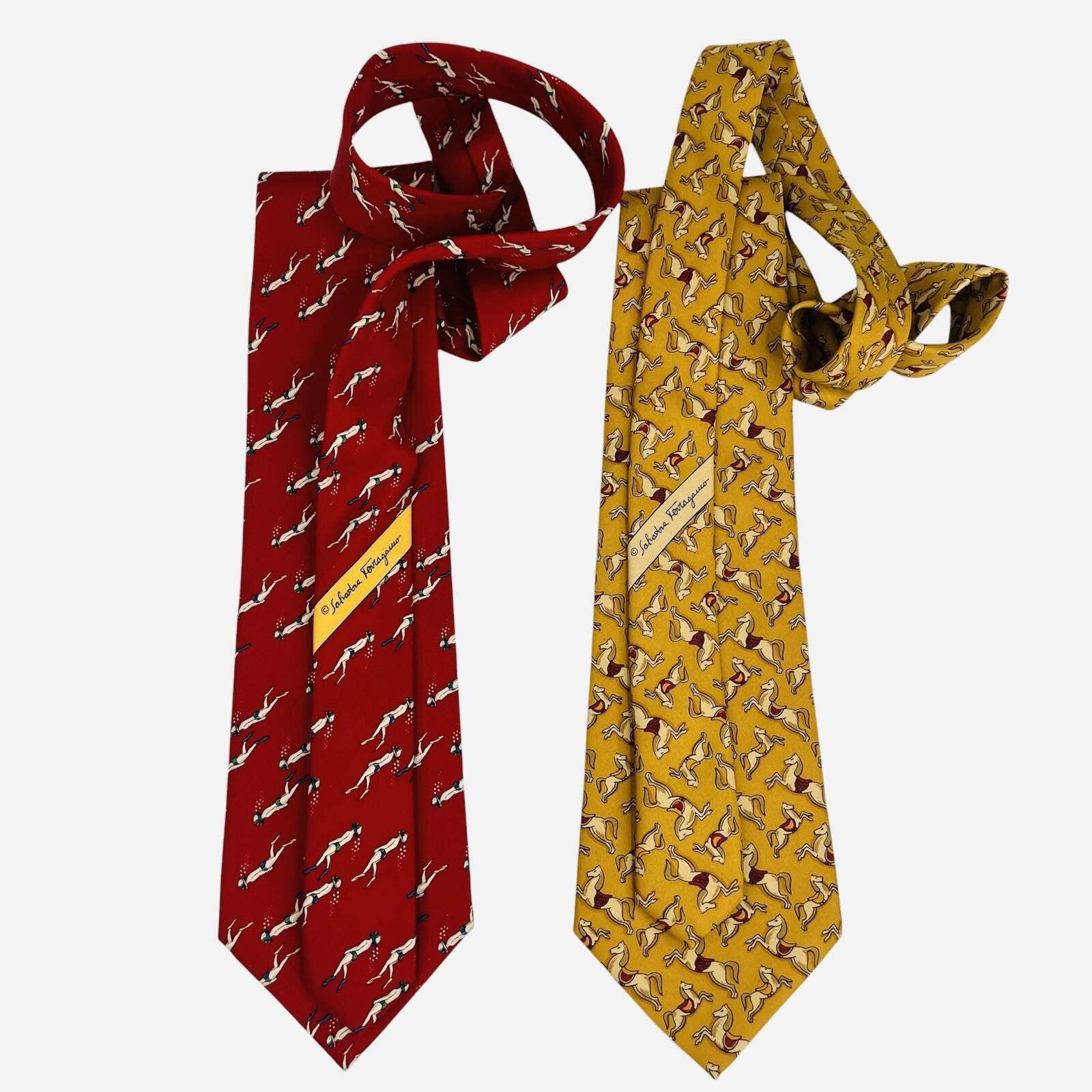 2 Salvatore Ferragamo Mens 100% Silk Necktie Italy Made Red Yellow Animal Print