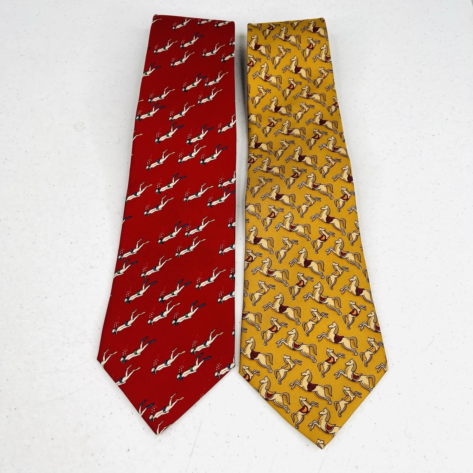 2 Salvatore Ferragamo Mens 100% Silk Necktie Italy Made Red Yellow Animal Print