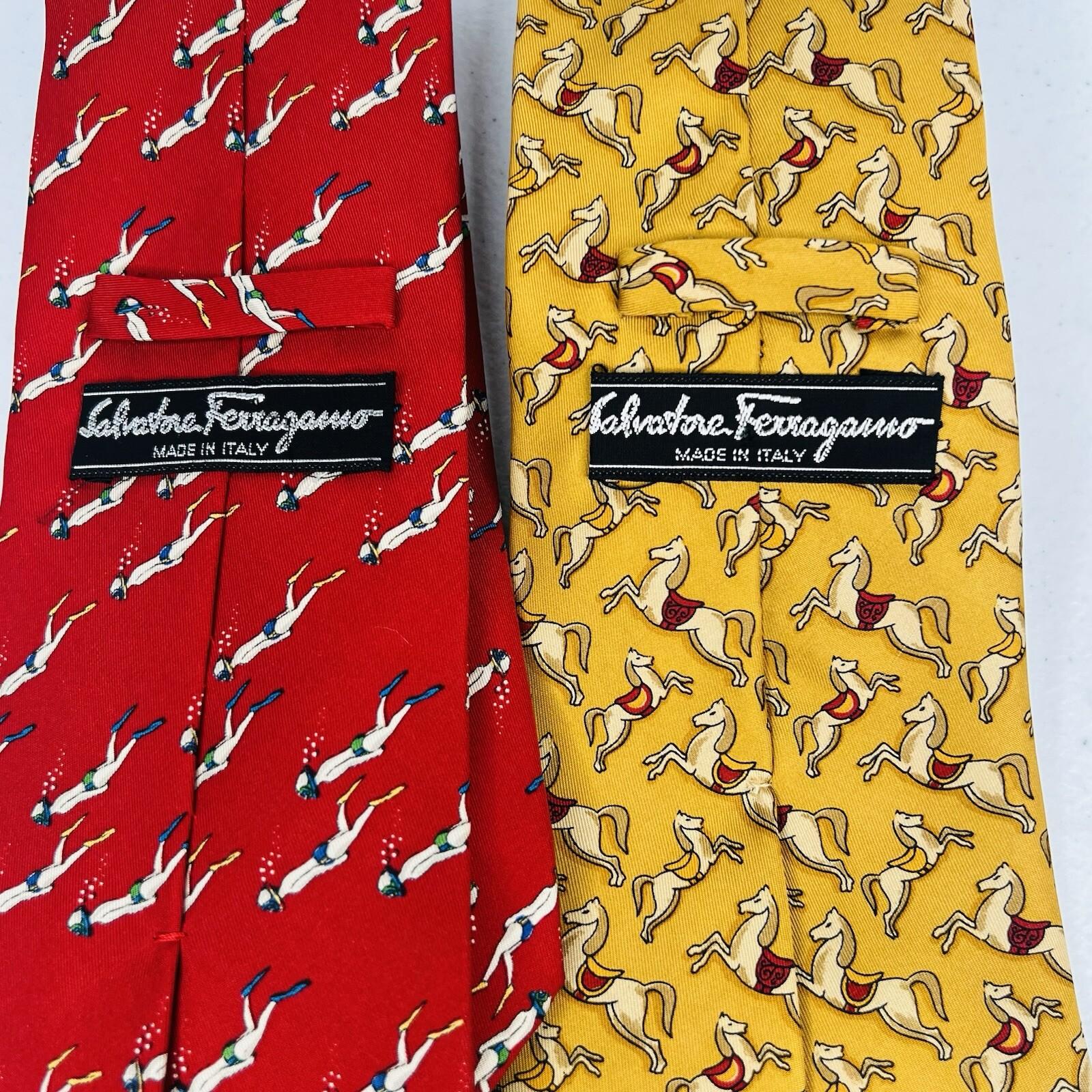 2 Salvatore Ferragamo Mens 100% Silk Necktie Italy Made Red Yellow Animal Print