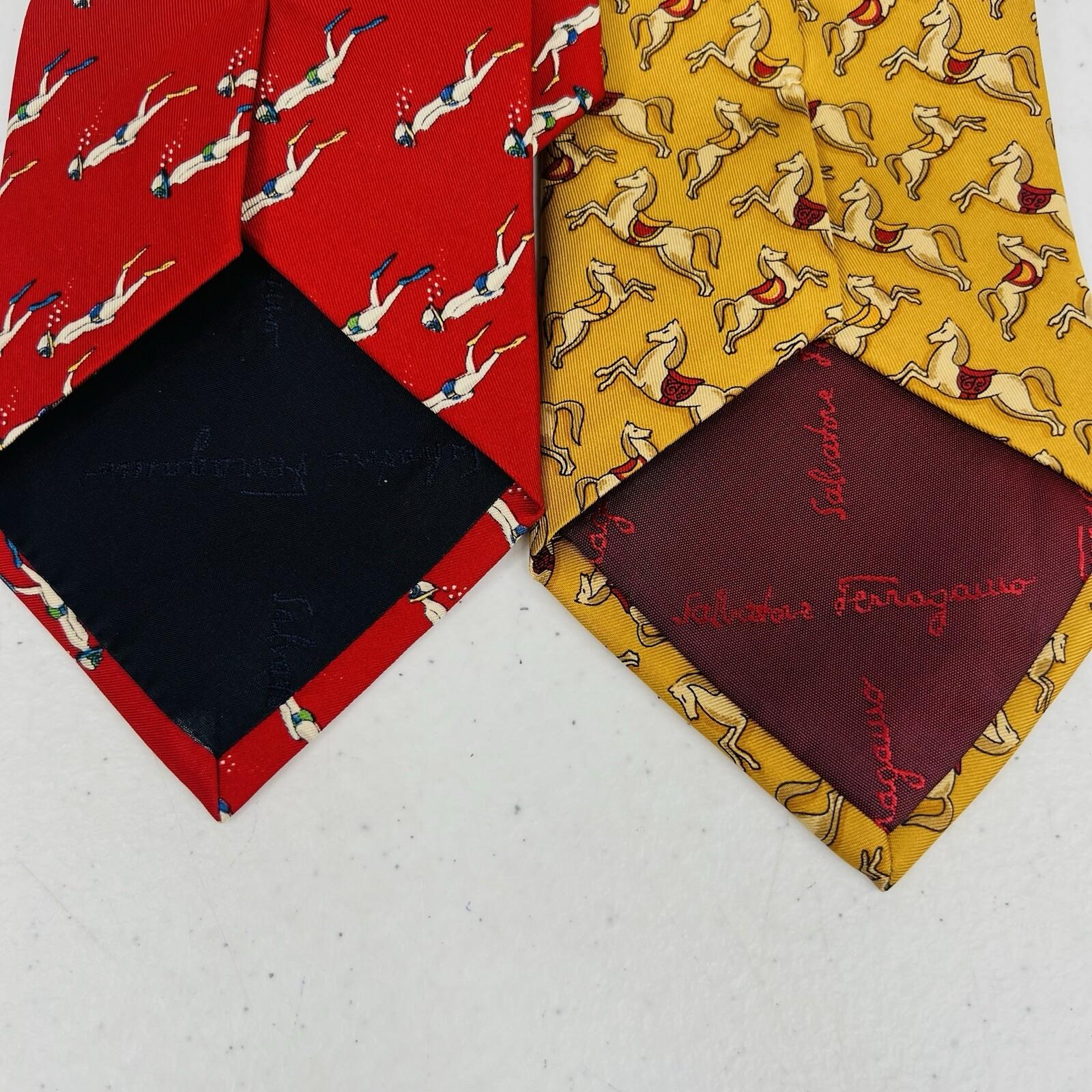 2 Salvatore Ferragamo Mens 100% Silk Necktie Italy Made Red Yellow Animal Print
