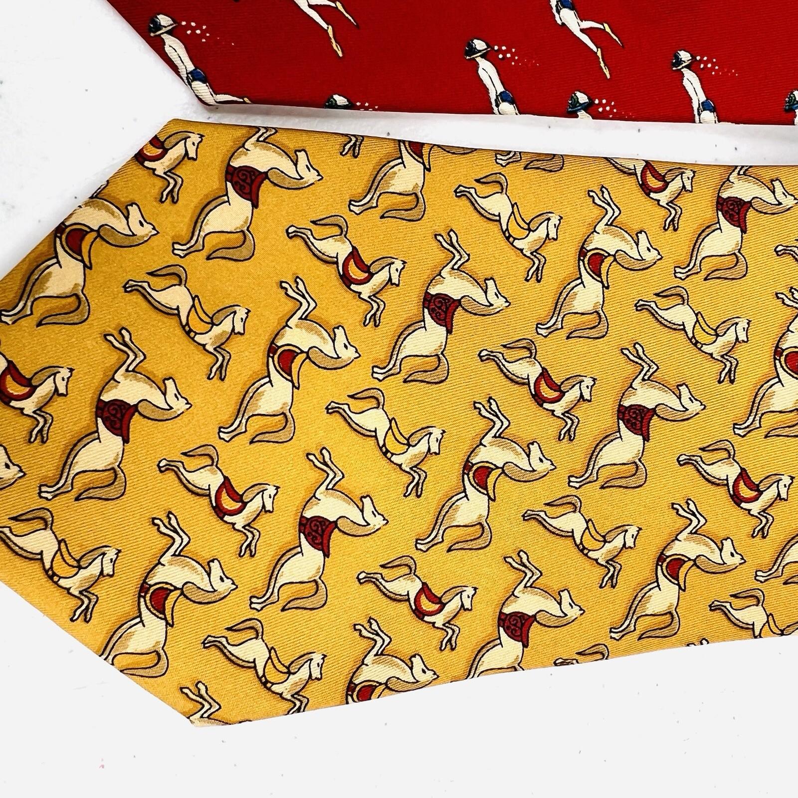 2 Salvatore Ferragamo Mens 100% Silk Necktie Italy Made Red Yellow Animal Print