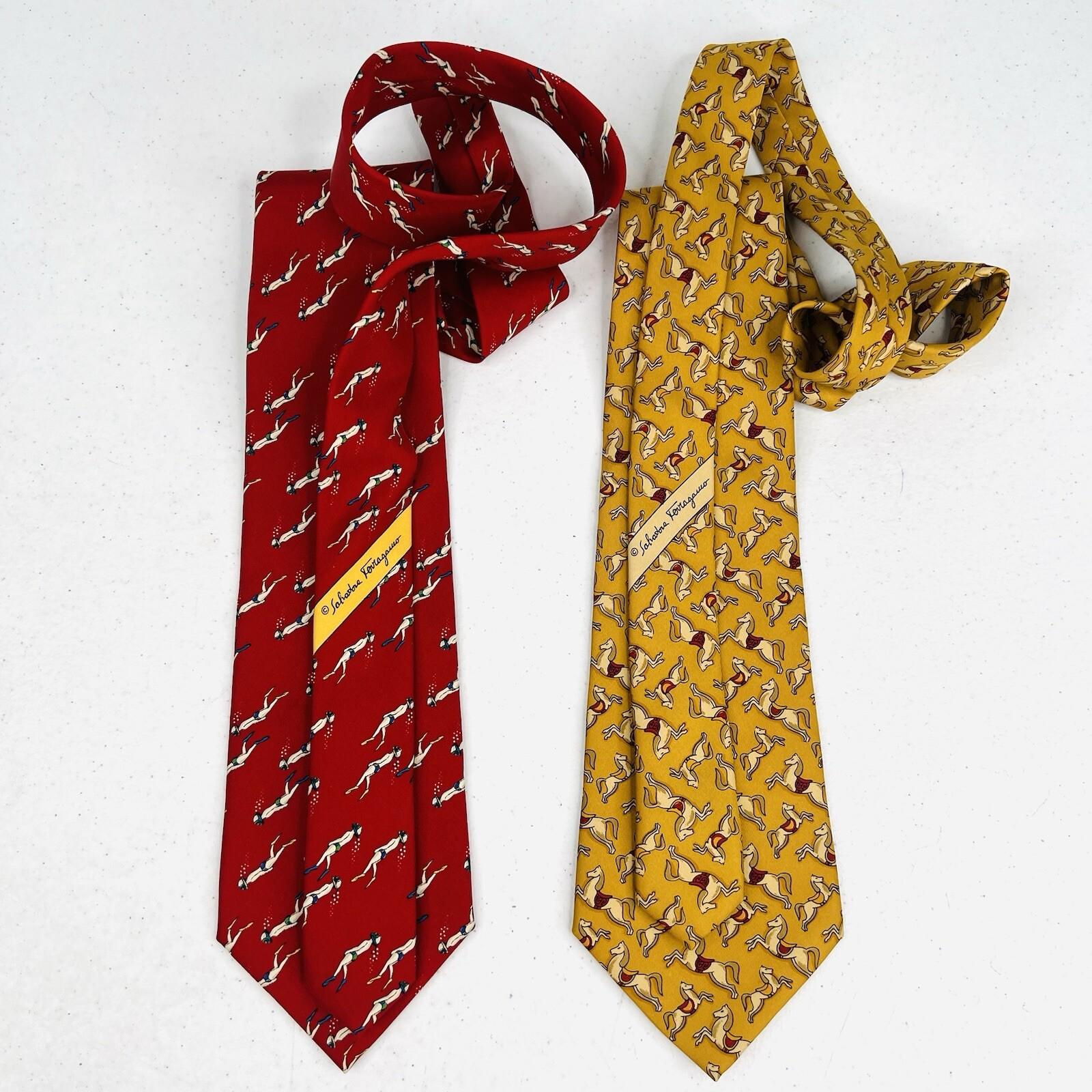 2 Salvatore Ferragamo Mens 100% Silk Necktie Italy Made Red Yellow Animal Print