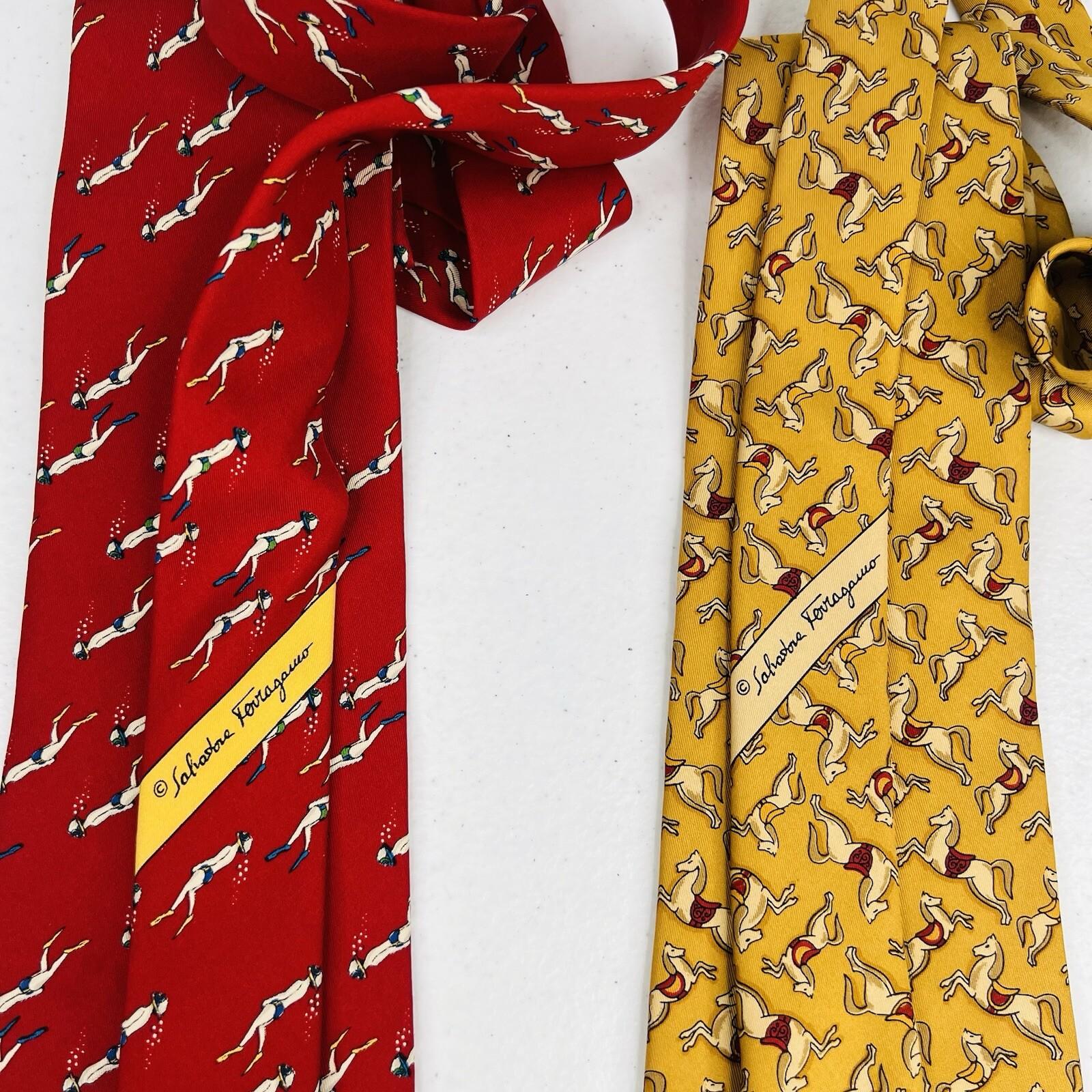 2 Salvatore Ferragamo Mens 100% Silk Necktie Italy Made Red Yellow Animal Print