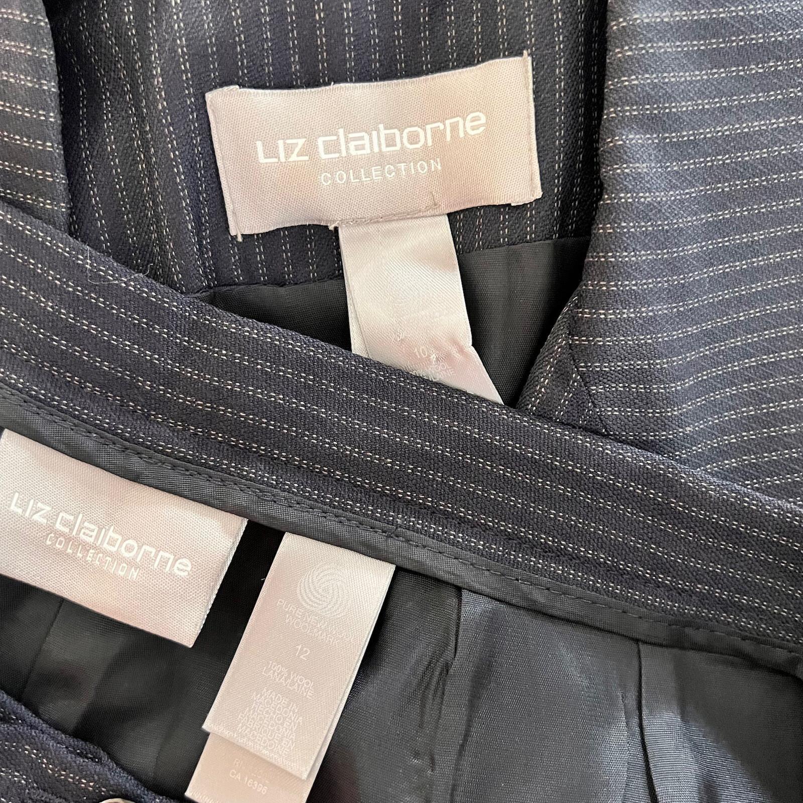 Liz Claiborne Vintage Wool Pant 12 Suit 10 Dark Blue Striped Double Breasted 2PC