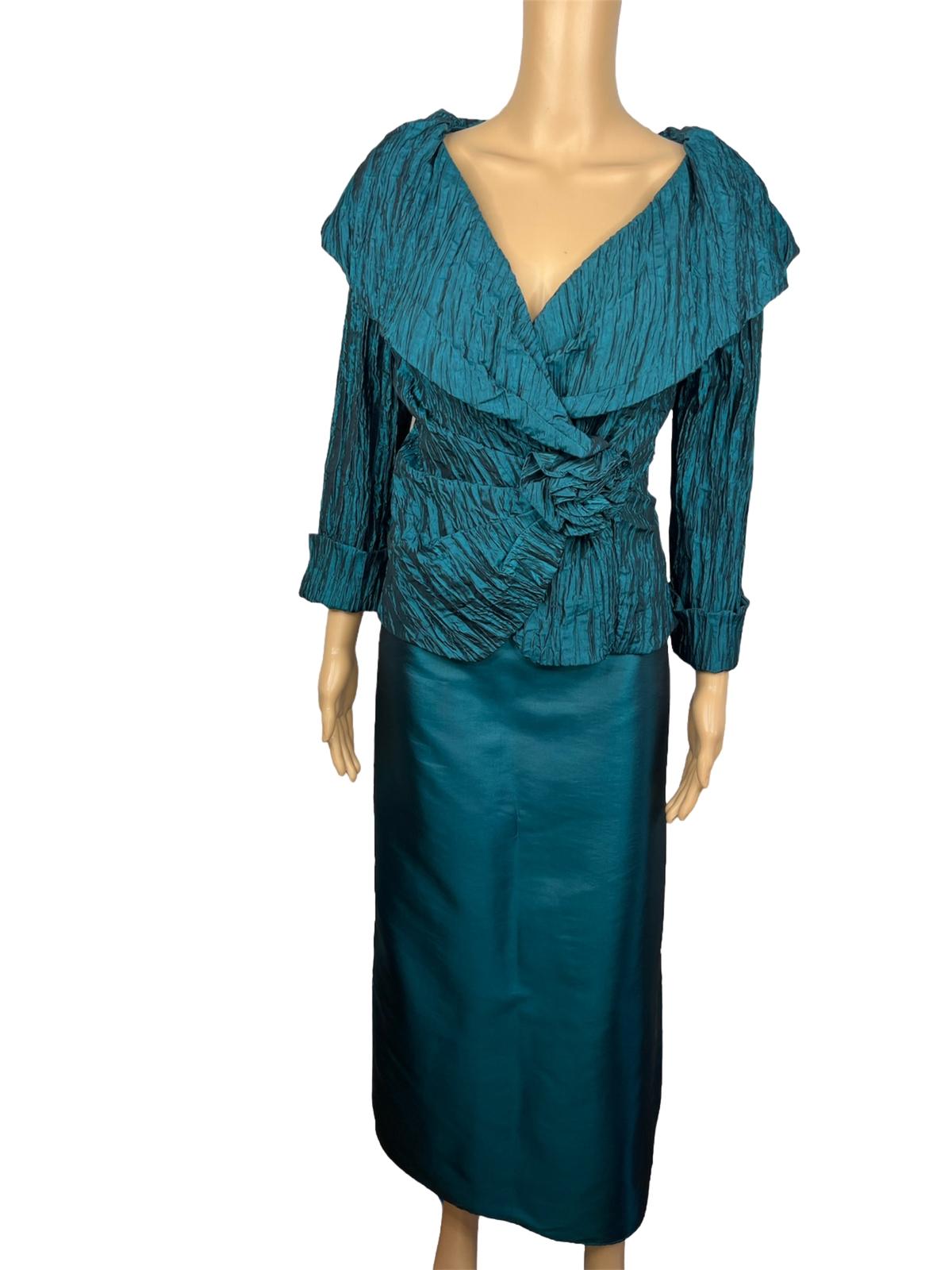 Cachet Vtg Green 2PC Polyester Stretch Pleated Back Zip Formal Skirt &Top Size 6