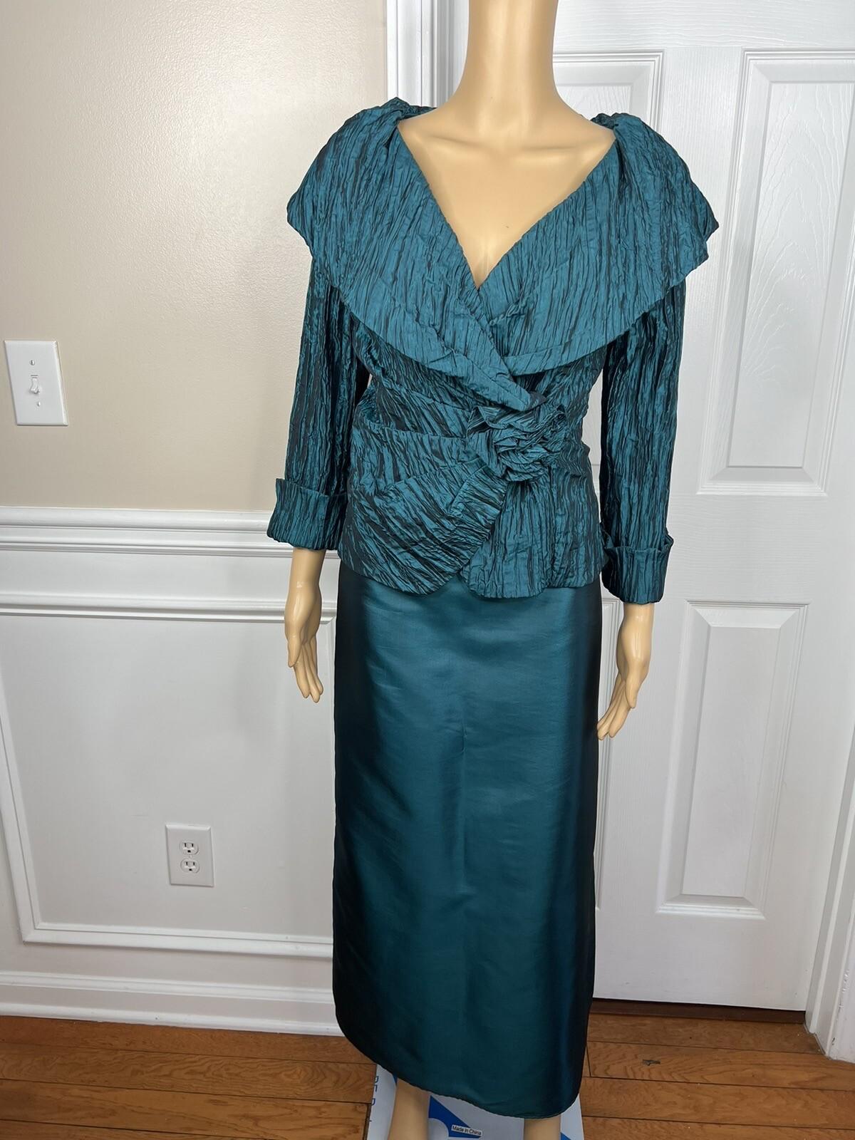 Cachet Vtg Green 2PC Polyester Stretch Pleated Back Zip Formal Skirt &Top Size 6