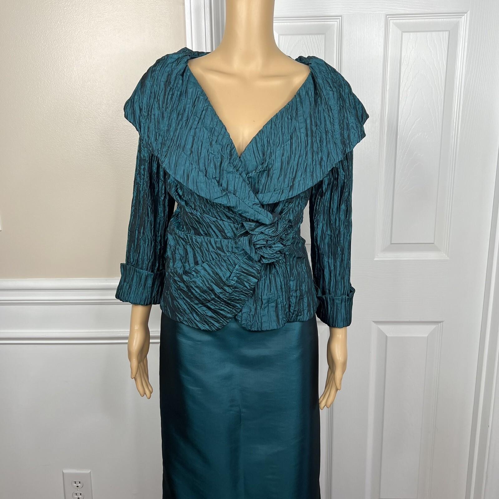 Cachet Vtg Green 2PC Polyester Stretch Pleated Back Zip Formal Skirt &Top Size 6