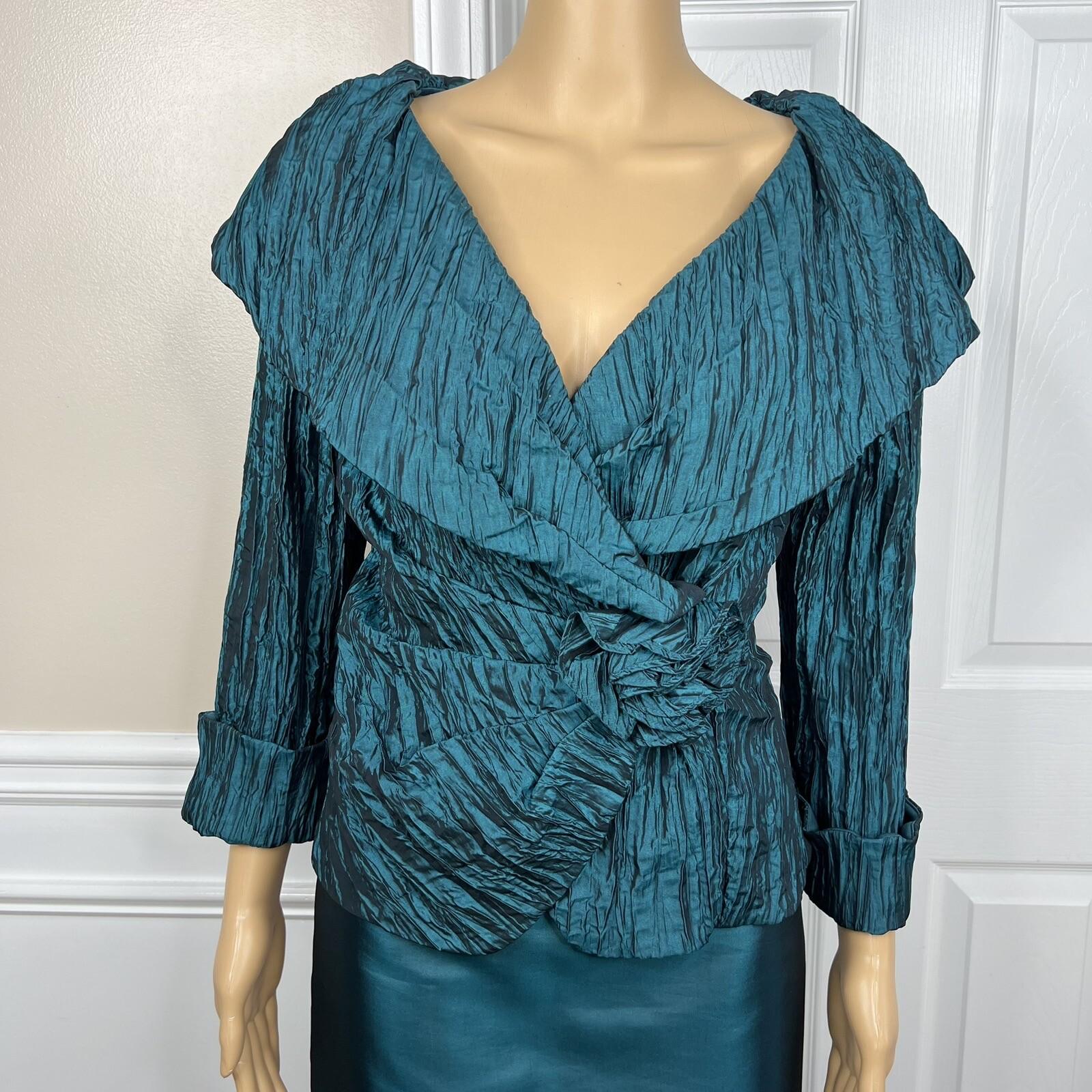 Cachet Vtg Green 2PC Polyester Stretch Pleated Back Zip Formal Skirt &Top Size 6