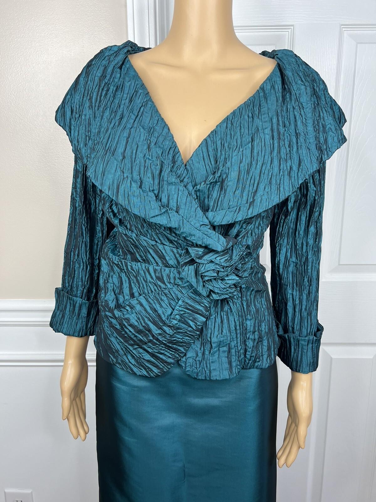 Cachet Vtg Green 2PC Polyester Stretch Pleated Back Zip Formal Skirt &Top Size 6
