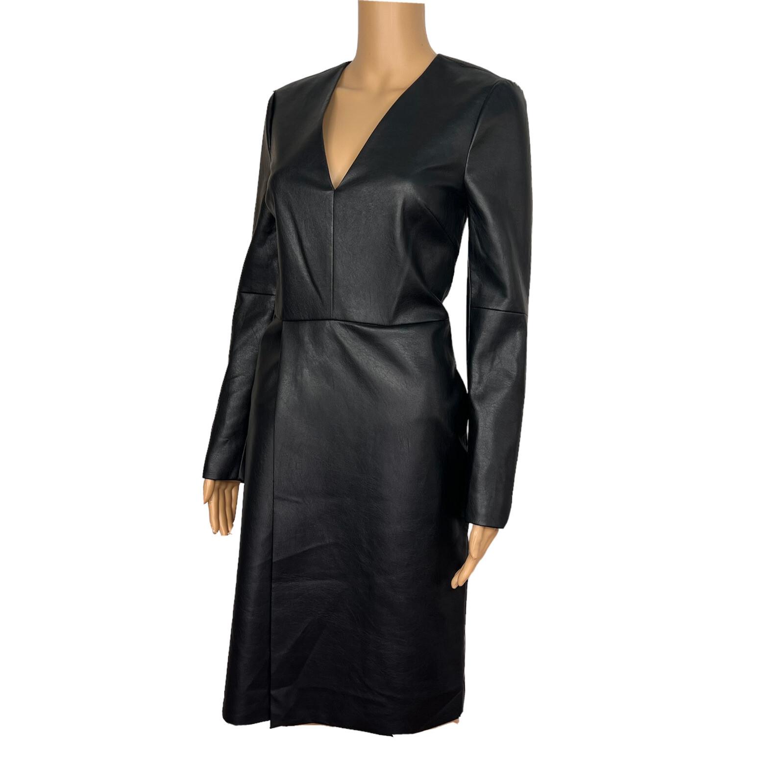 BCBGMAXAZRIA Black Faux Leather V Neckline Wrap Lined Dress Size XXS MSRP 8