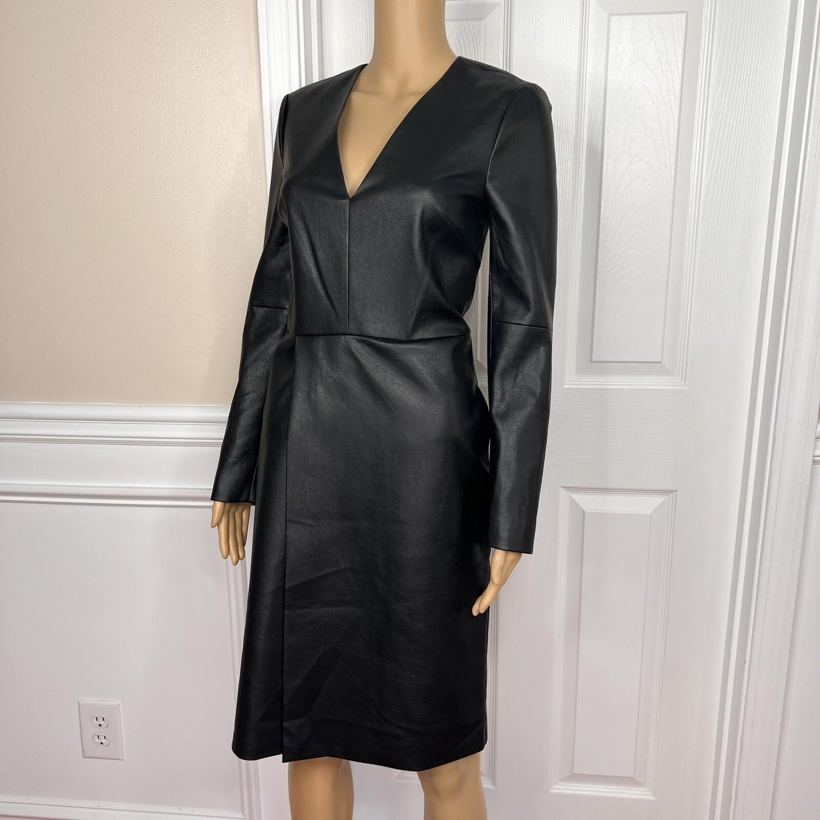 BCBGMAXAZRIA Black Faux Leather V Neckline Wrap Lined Dress Size XXS MSRP 8