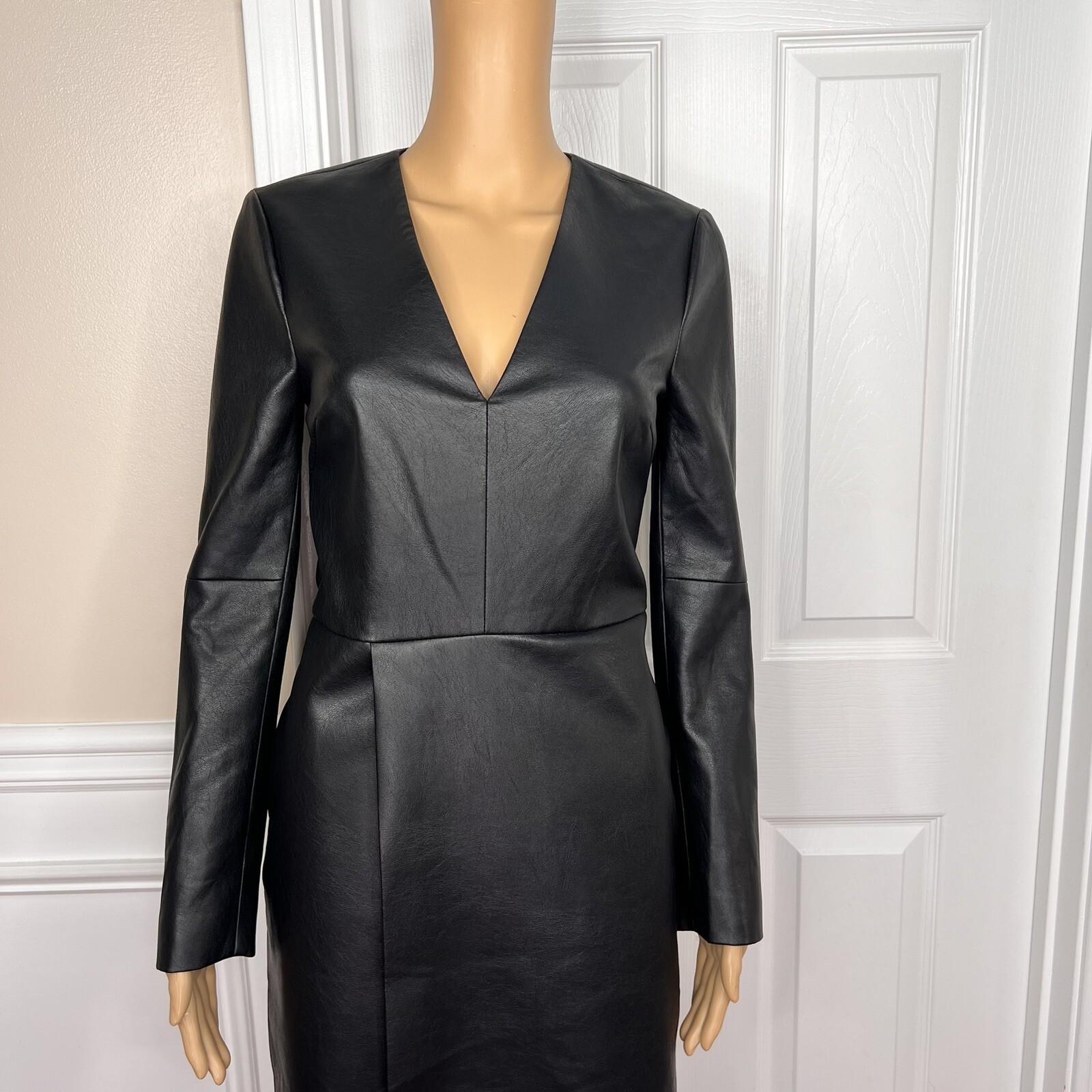 BCBGMAXAZRIA Black Faux Leather V Neckline Wrap Lined Dress Size XXS MSRP 8