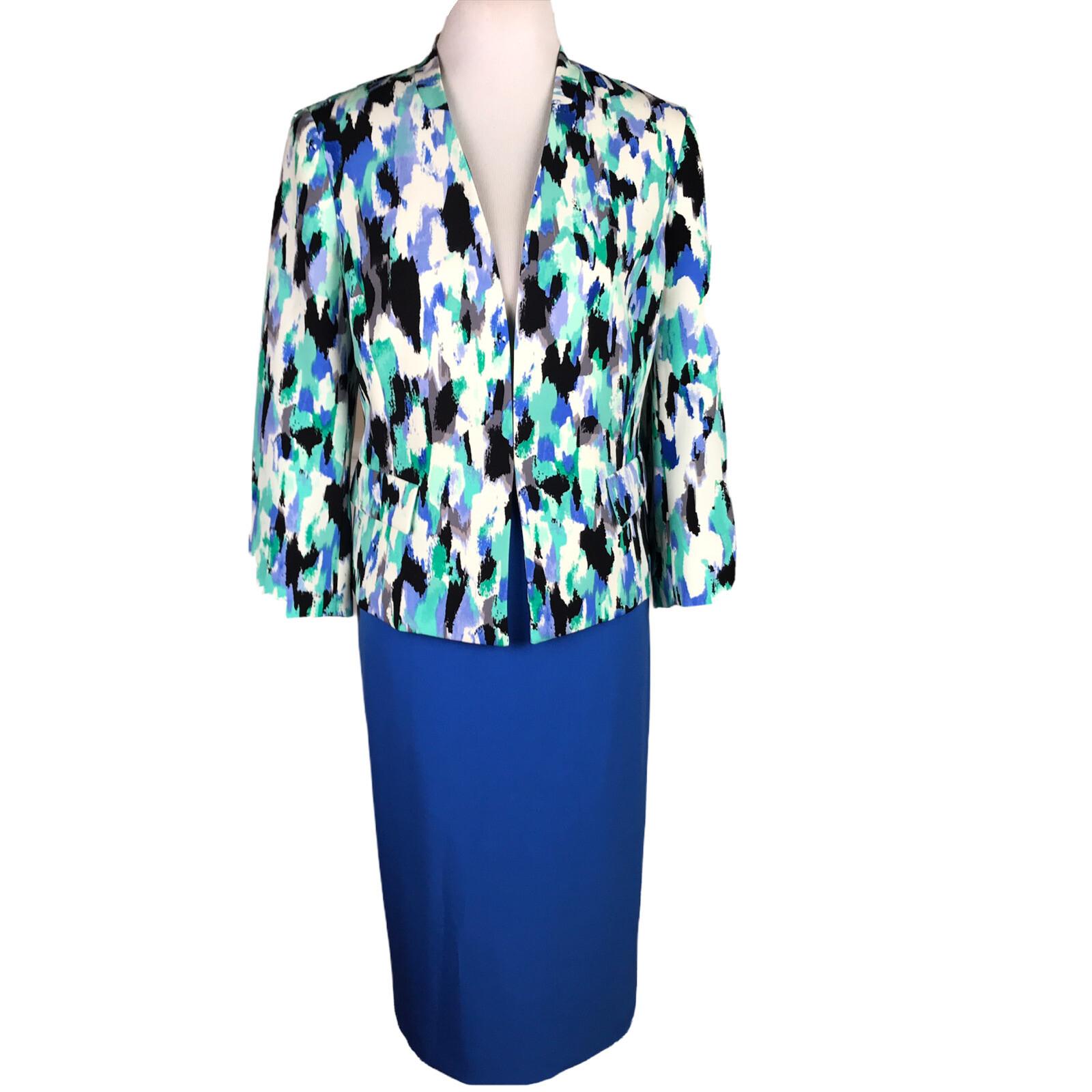 Kasper Polyester Stretch Skirt Size 6 Suit Size 8 Blue Multi Stand Up Collar 2PC