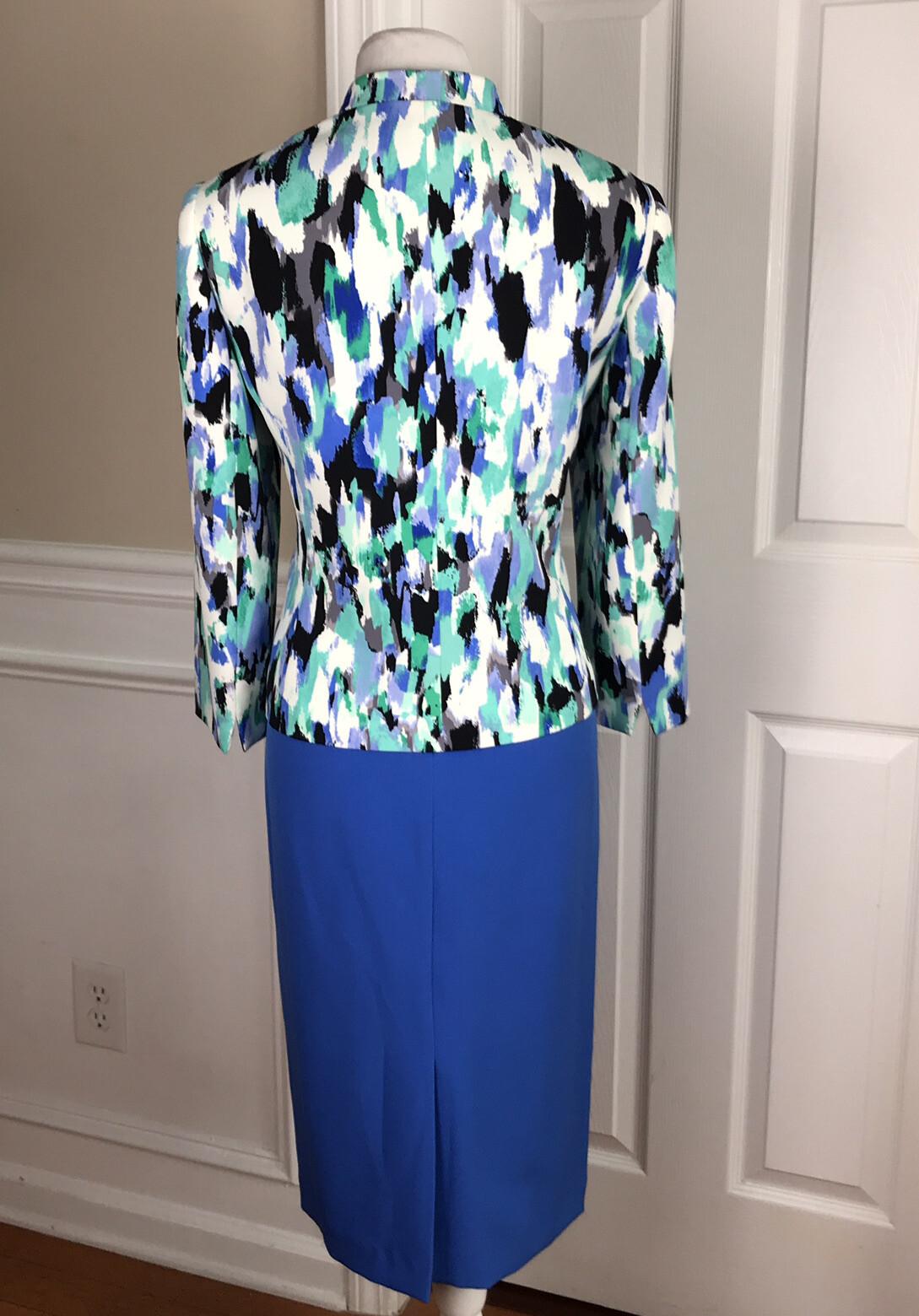 Kasper Polyester Stretch Skirt Size 6 Suit Size 8 Blue Multi Stand Up Collar 2PC