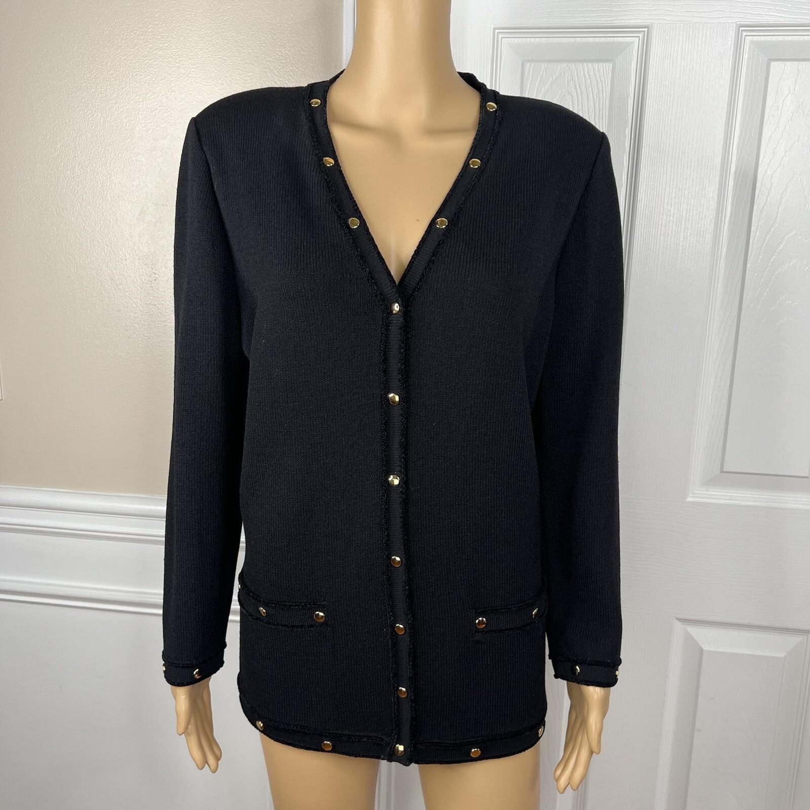 St John Collection By Marie Gray Blazer L Black Knit Zip Up Pockets Gold Button