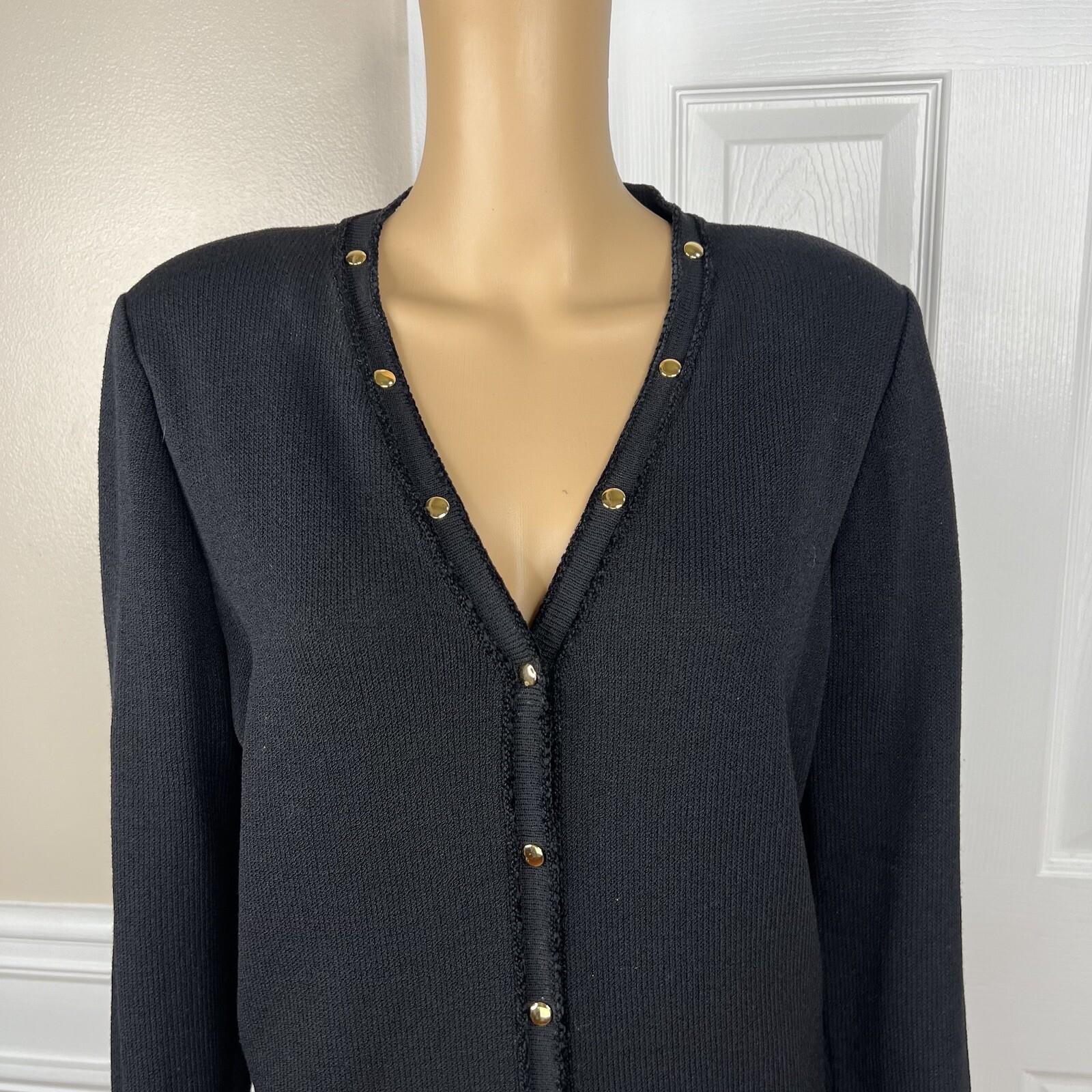 St John Collection By Marie Gray Blazer L Black Knit Zip Up Pockets Gold Button