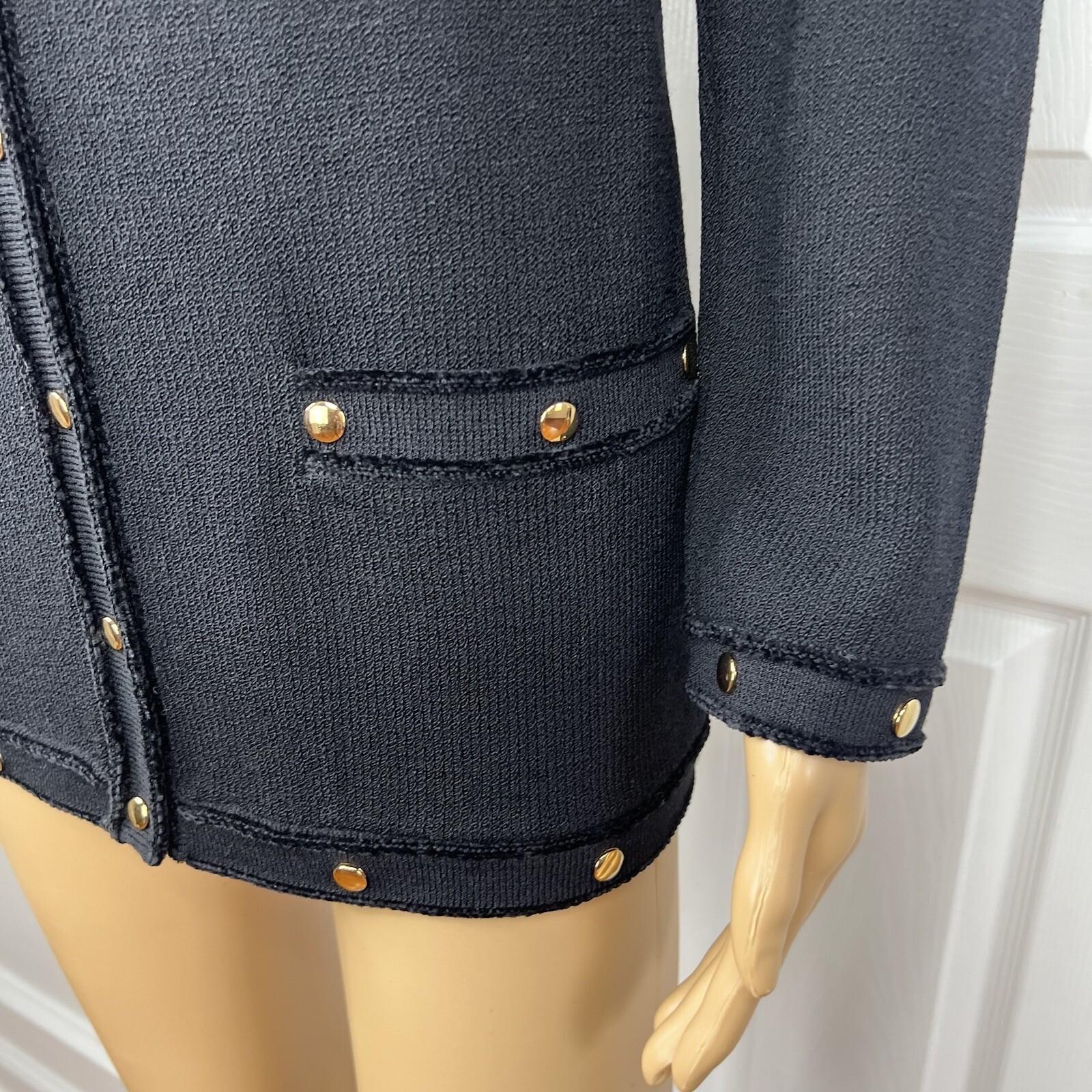 St John Collection By Marie Gray Blazer L Black Knit Zip Up Pockets Gold Button