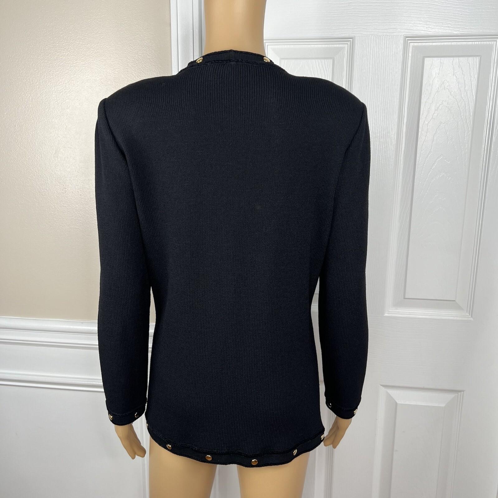 St John Collection By Marie Gray Blazer L Black Knit Zip Up Pockets Gold Button