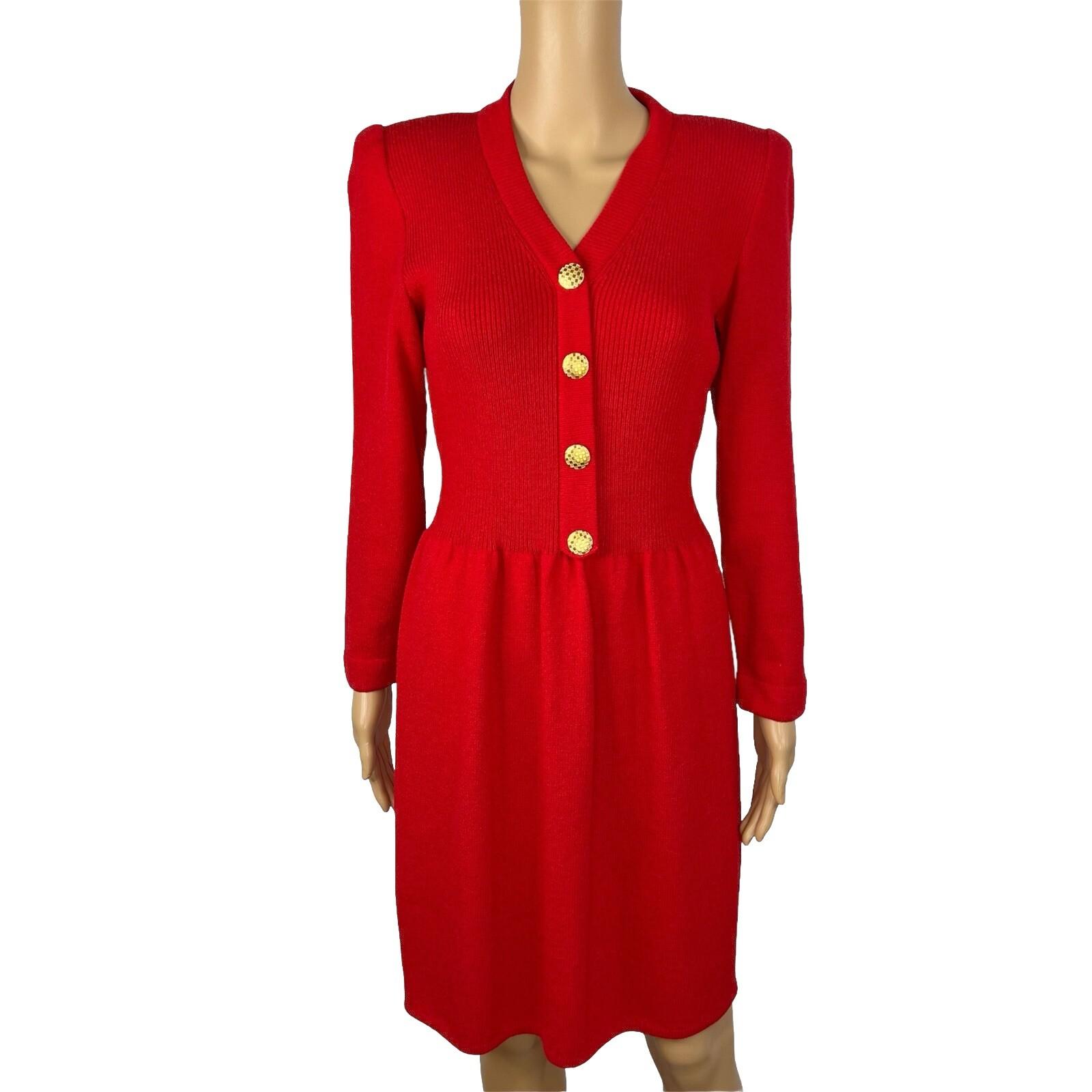 Toula Vintage Knit Stretch Dress Size 10 Red Long Sleeves V Neck Back Zip