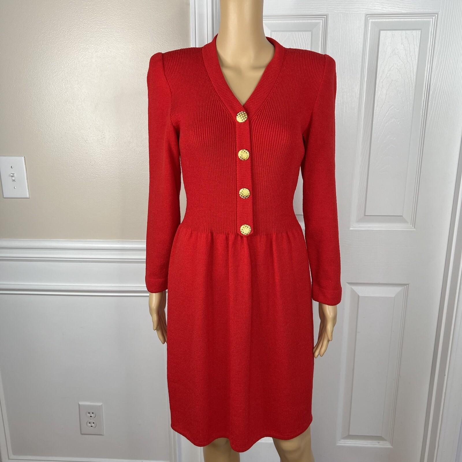 Toula Vintage Knit Stretch Dress Size 10 Red Long Sleeves V Neck Back Zip