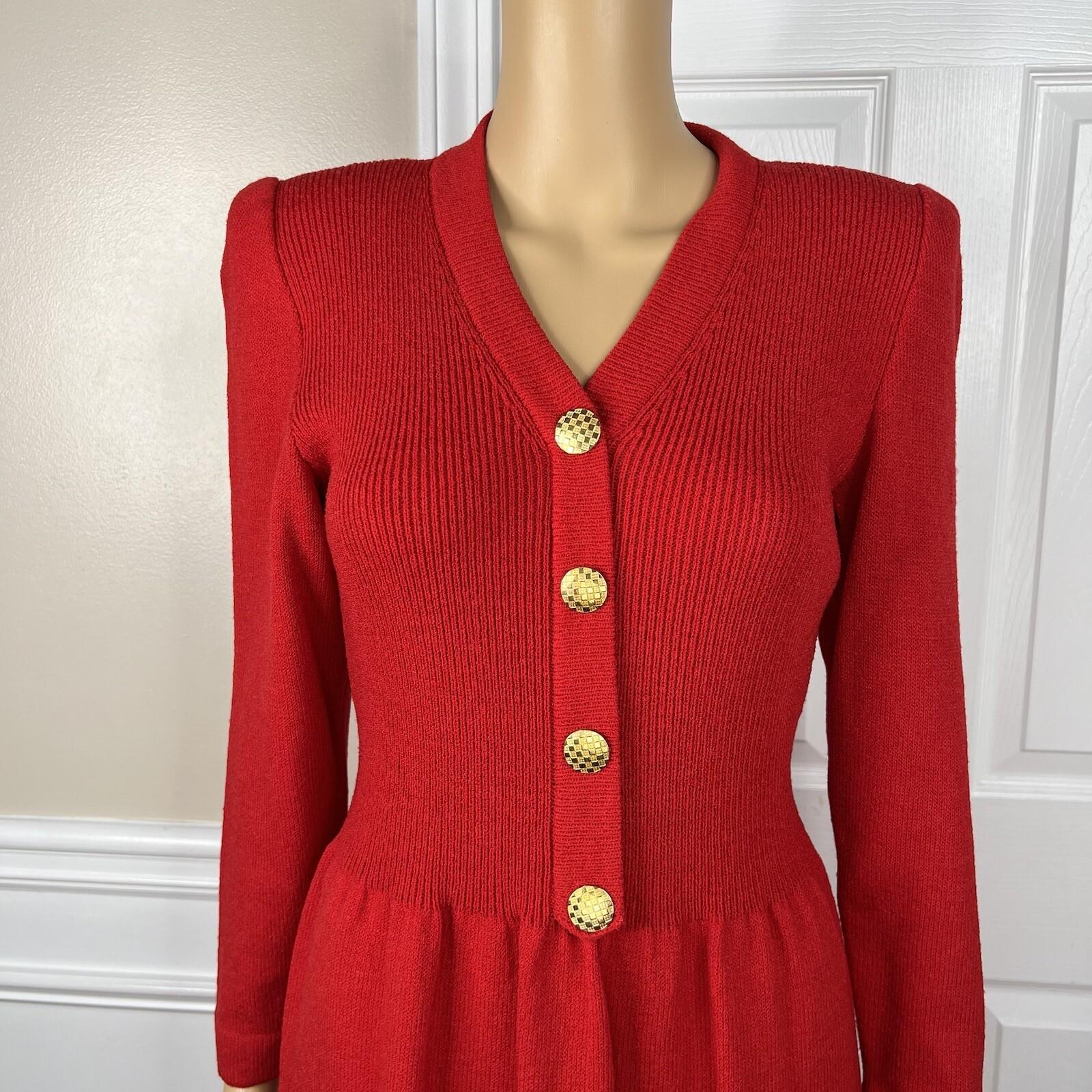 Toula Vintage Knit Stretch Dress Size 10 Red Long Sleeves V Neck Back Zip