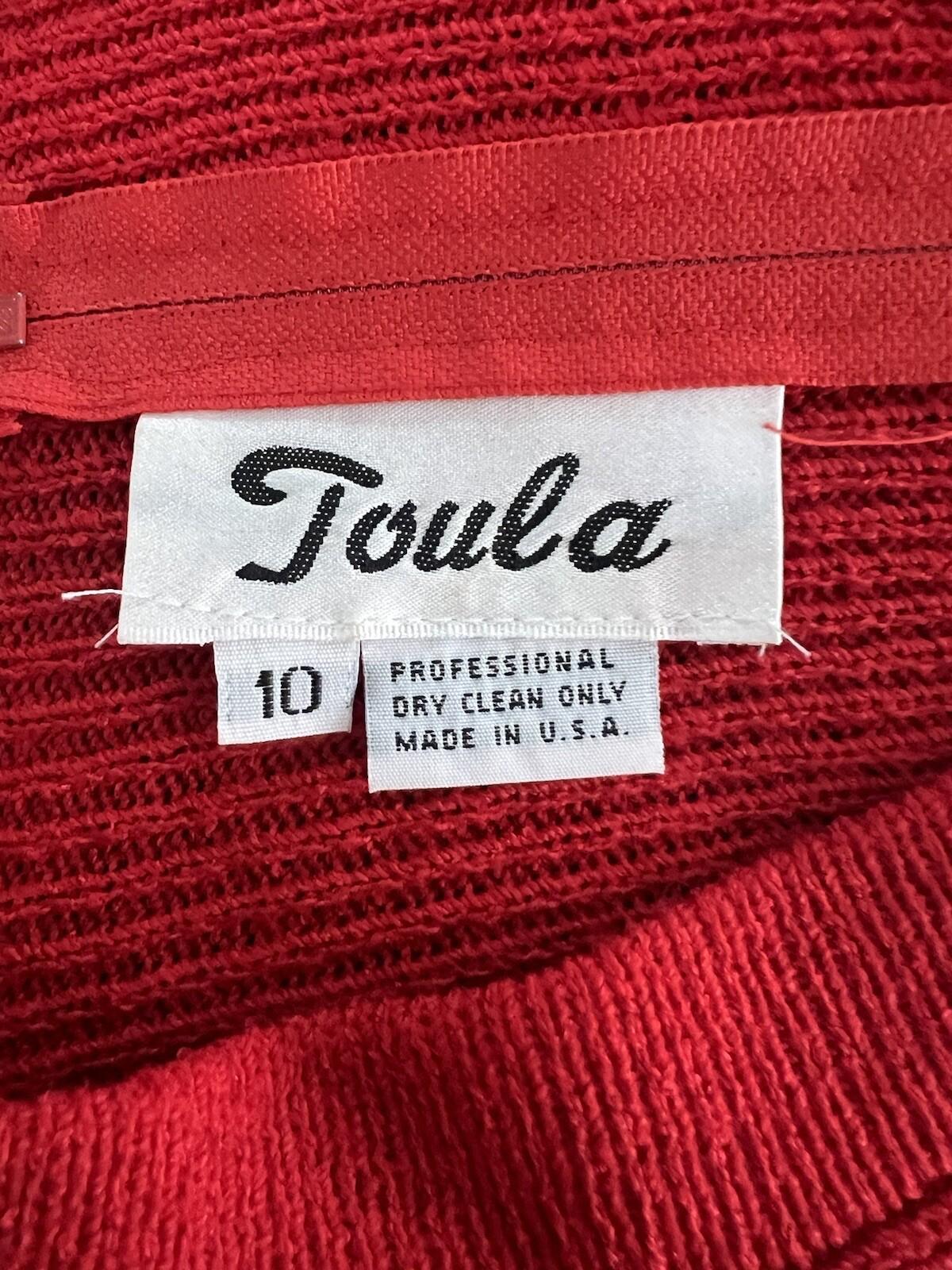 Toula Vintage Knit Stretch Dress Size 10 Red Long Sleeves V Neck Back Zip
