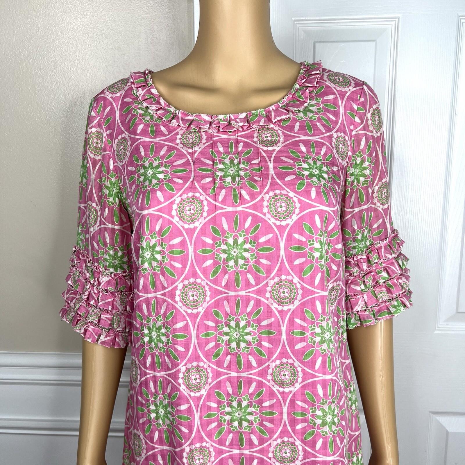 Lilly Pulitzer Women Cotton Dress Size 6 Pink Floral Ruffle Sleeves Lined Dress