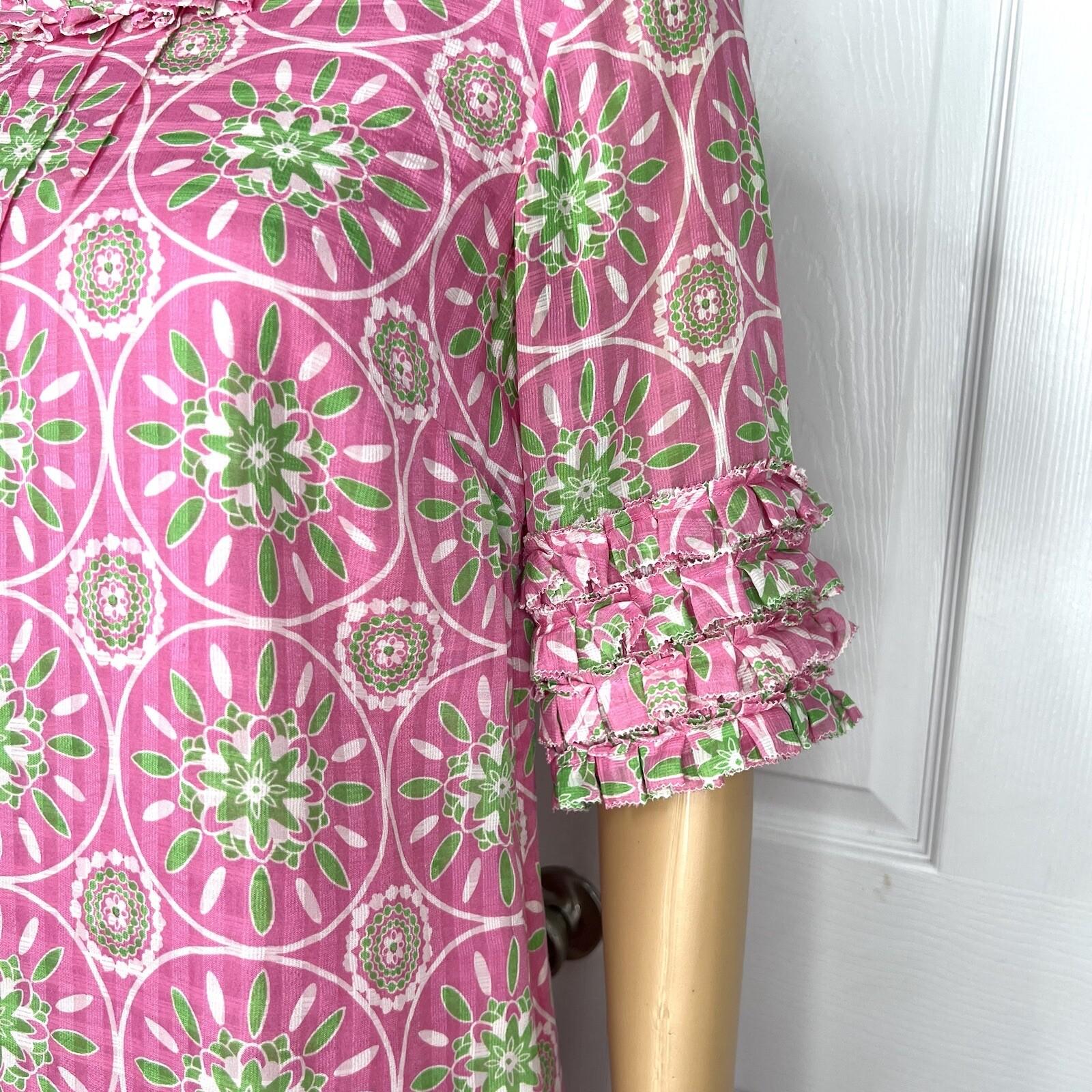 Lilly Pulitzer Women Cotton Dress Size 6 Pink Floral Ruffle Sleeves Lined Dress