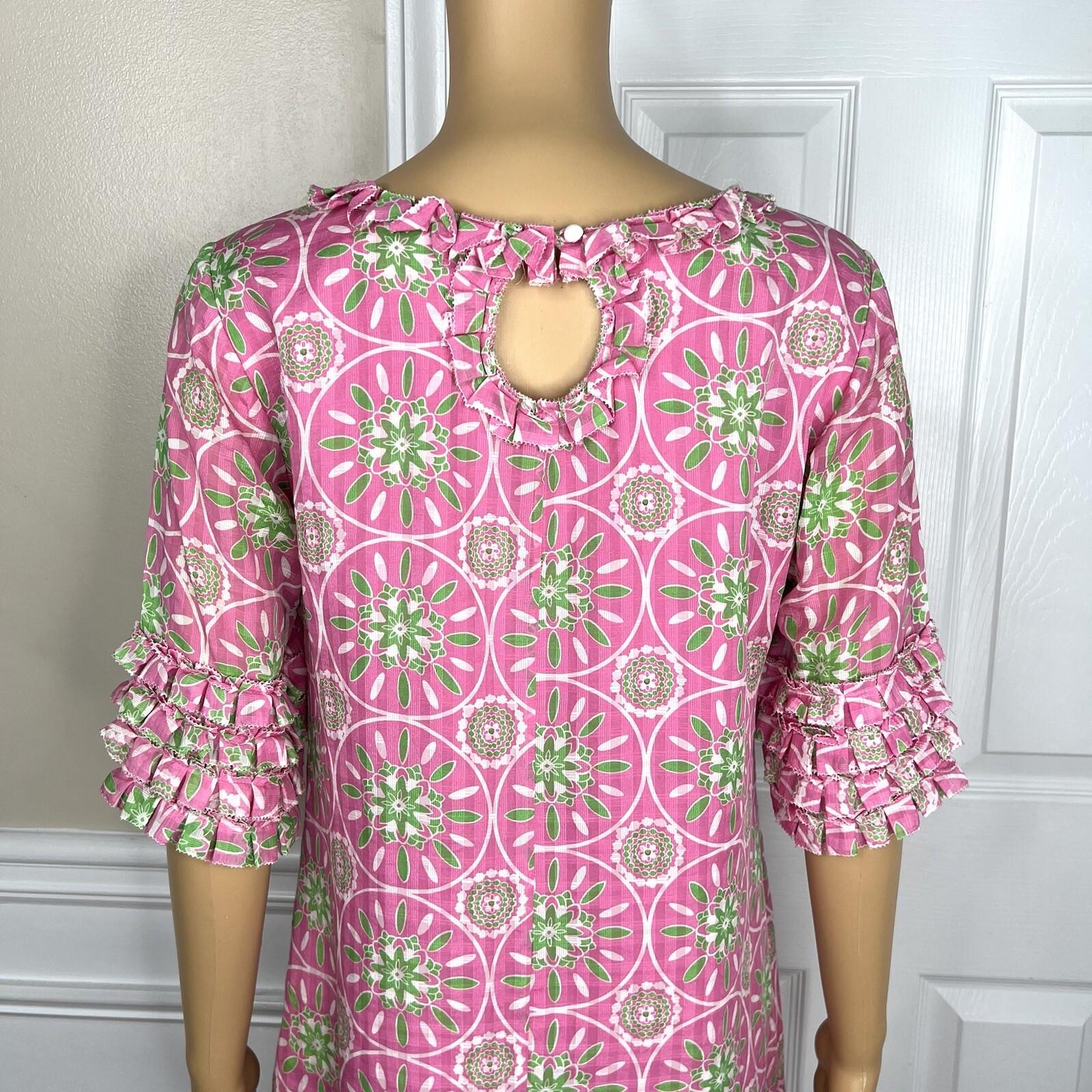 Lilly Pulitzer Women Cotton Dress Size 6 Pink Floral Ruffle Sleeves Lined Dress