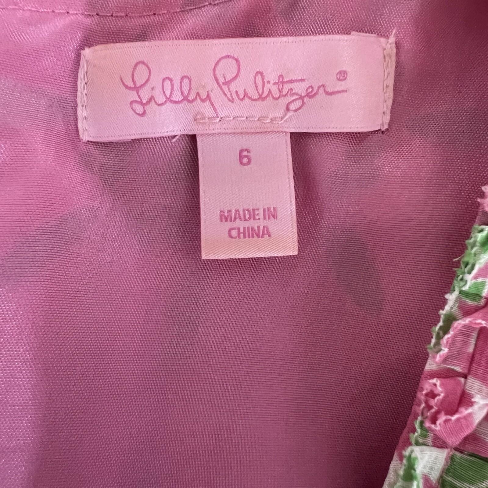 Lilly Pulitzer Women Cotton Dress Size 6 Pink Floral Ruffle Sleeves Lined Dress