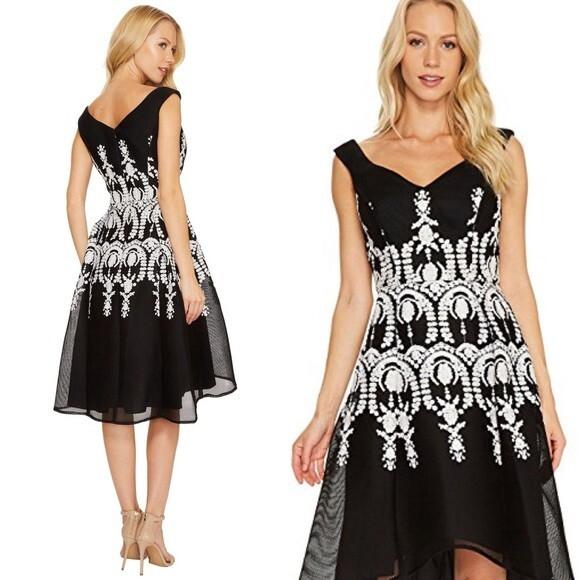 Adrianna Papell Mesh Dress 10 Black Embroidered Sleeveless Asymmetric Fit Flare