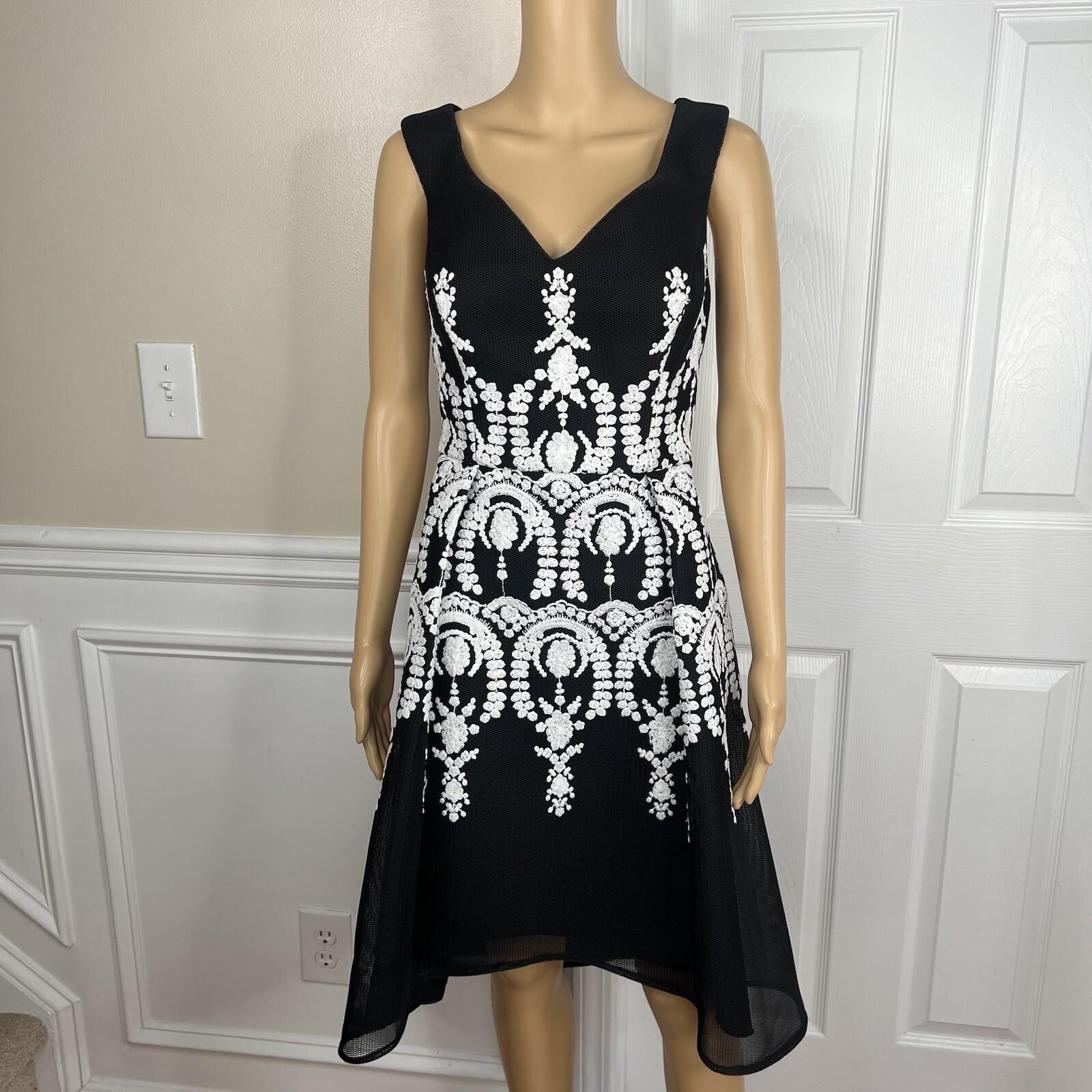 Adrianna Papell Mesh Dress 10 Black Embroidered Sleeveless Asymmetric Fit Flare