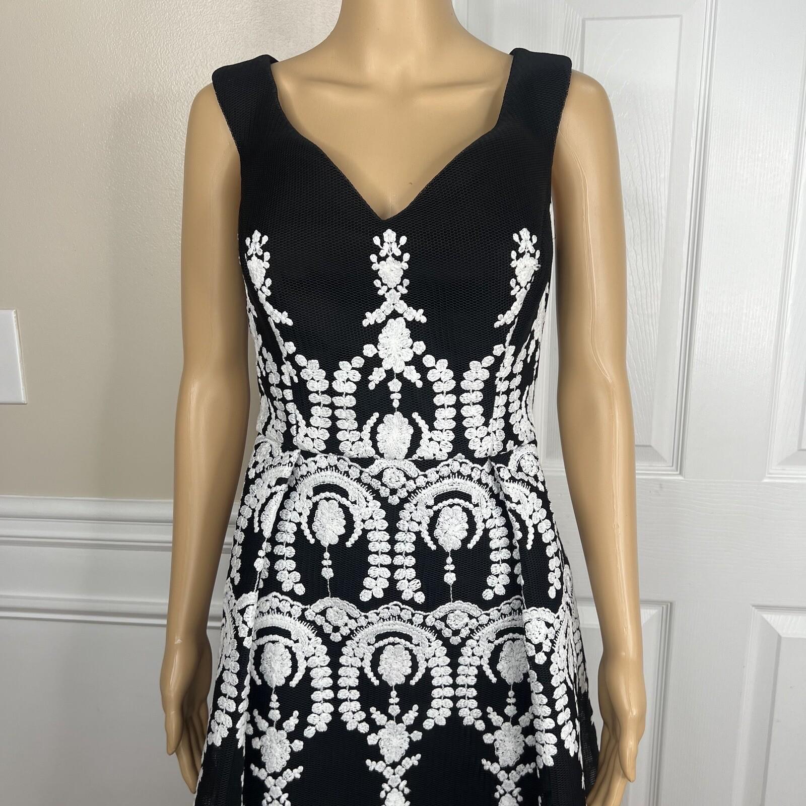 Adrianna Papell Mesh Dress 10 Black Embroidered Sleeveless Asymmetric Fit Flare