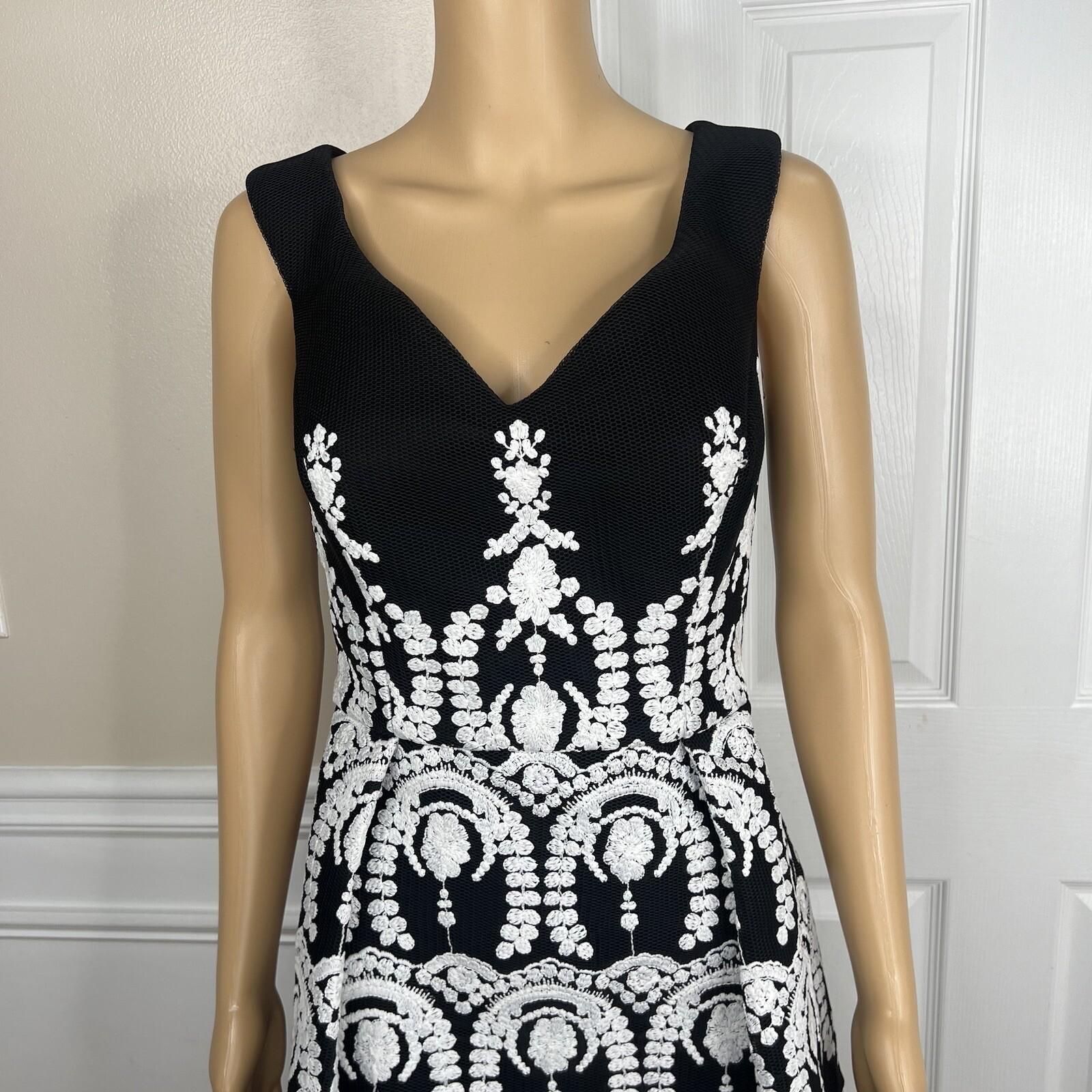Adrianna Papell Mesh Dress 10 Black Embroidered Sleeveless Asymmetric Fit Flare