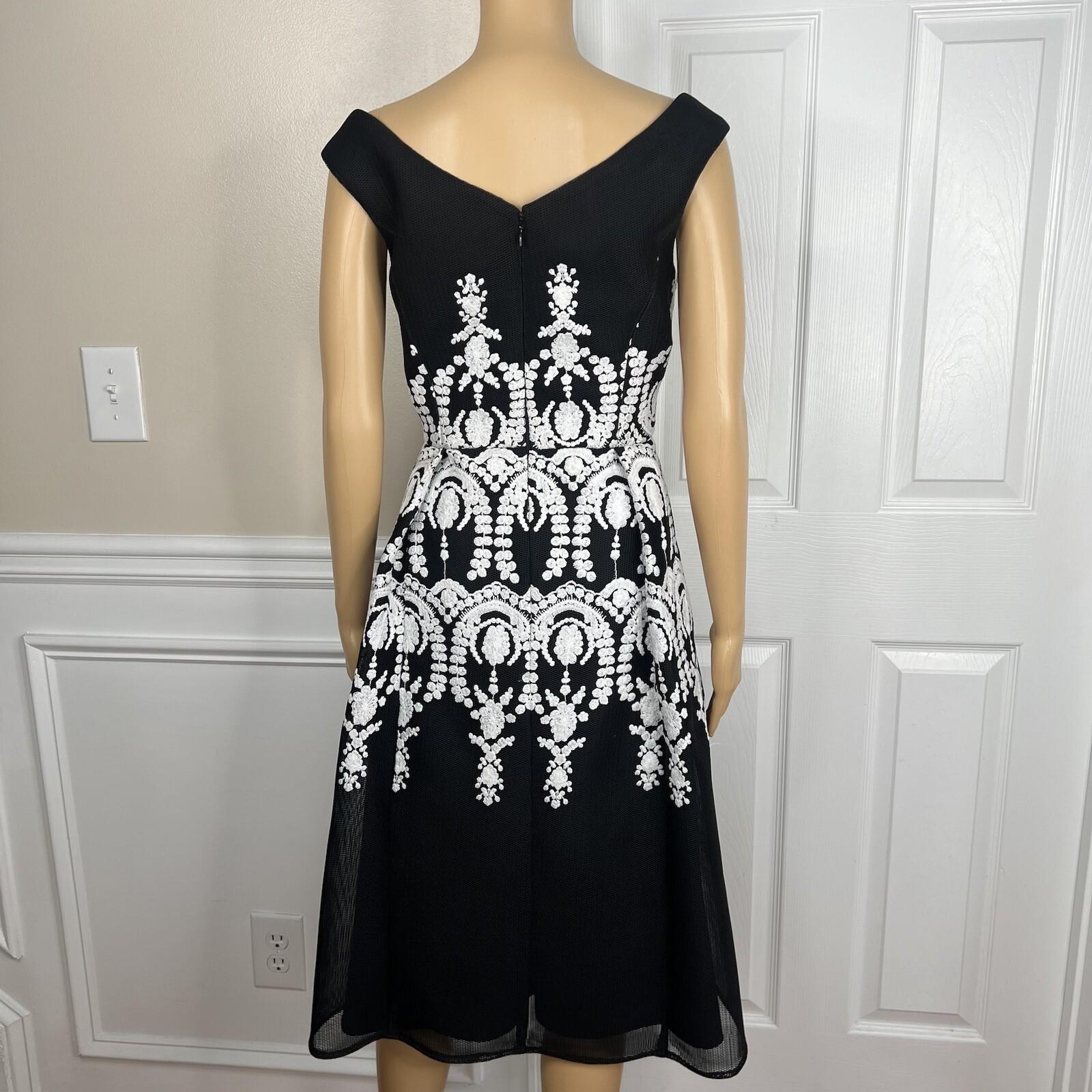 Adrianna Papell Mesh Dress 10 Black Embroidered Sleeveless Asymmetric Fit Flare